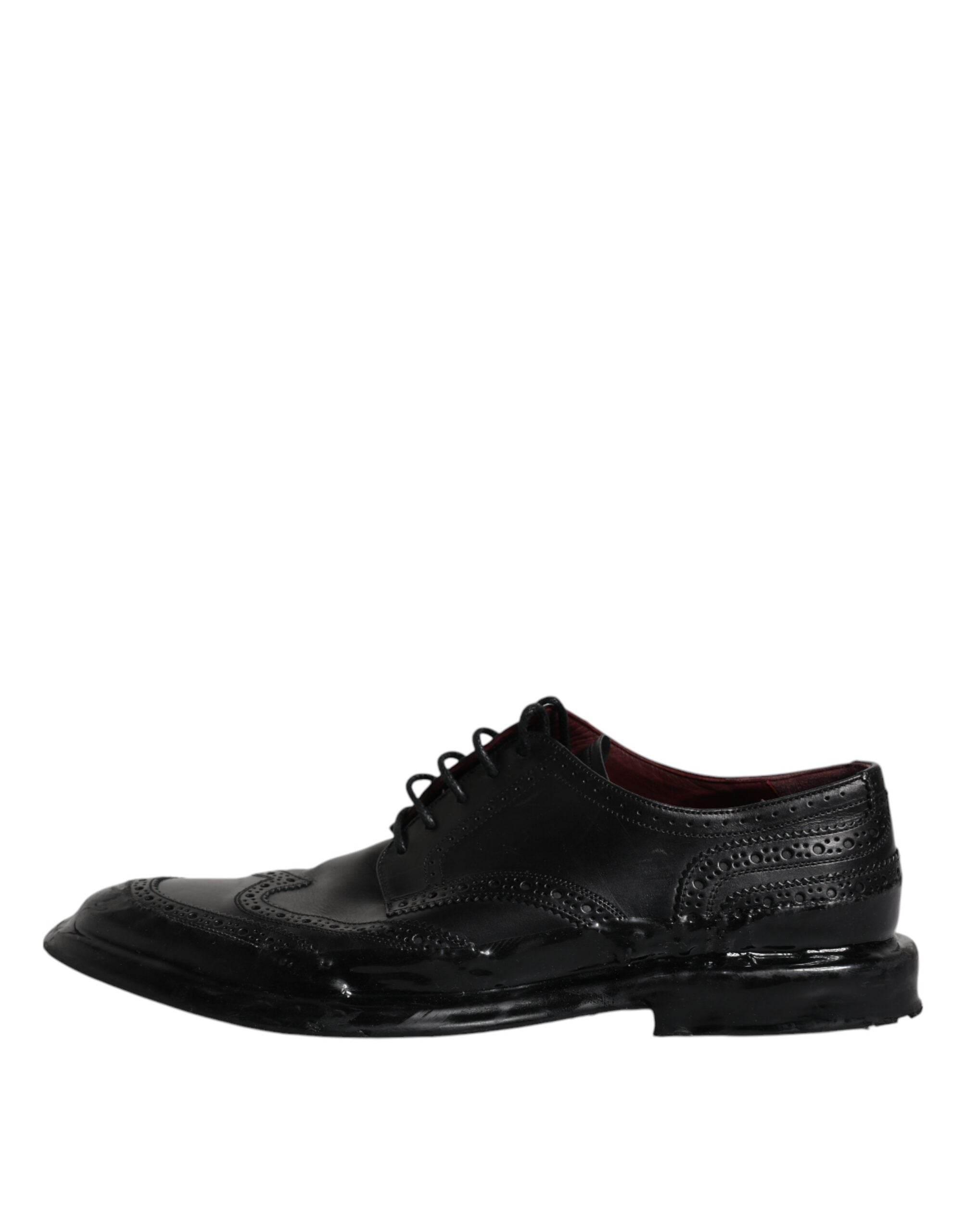 Dolce & Gabbana Black Leather Derby Wingtip Formal Shoes - Hilstor