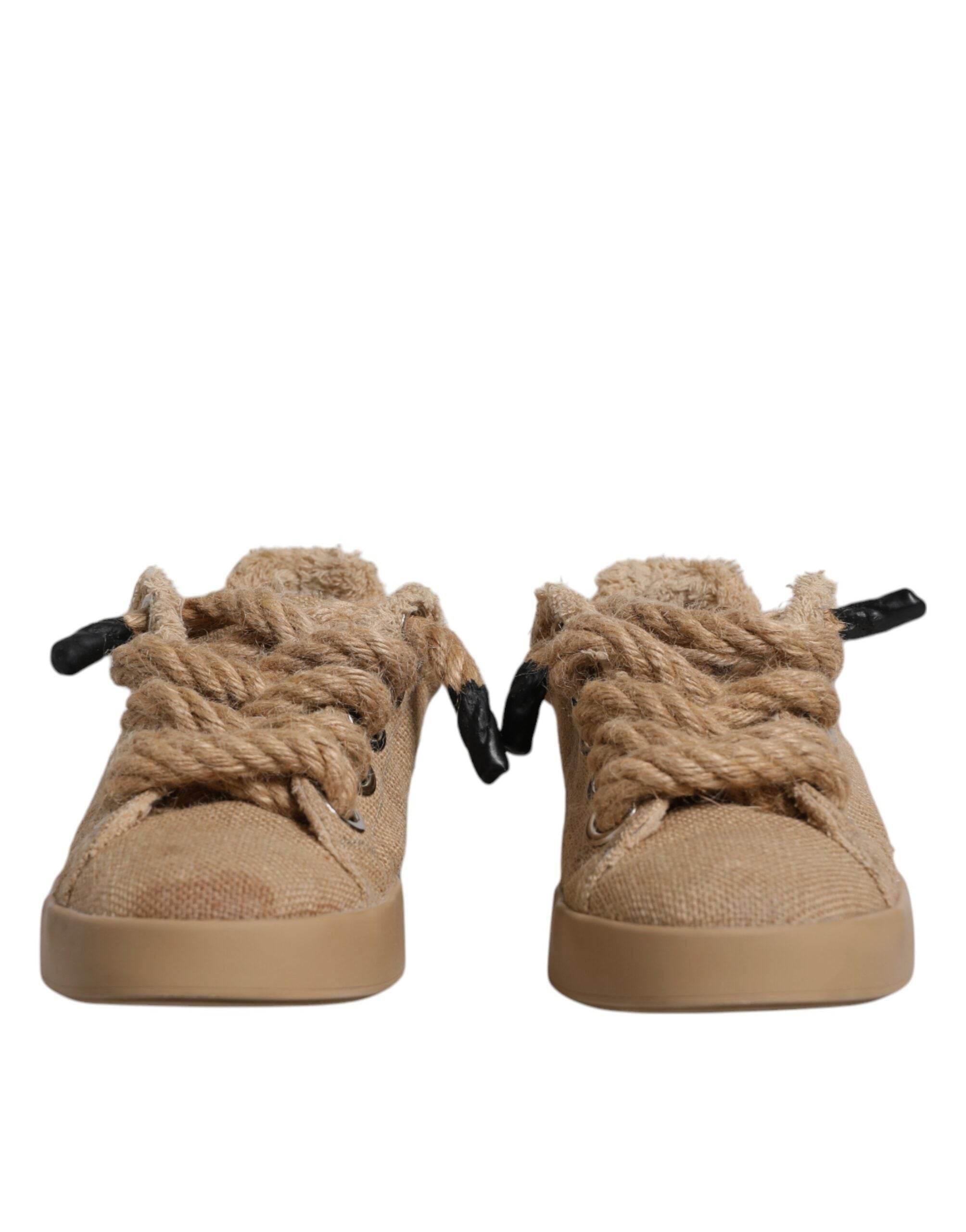 Dolce & Gabbana Brown Jute Fabric Low Top Men Sneakers Shoes - Hilstor