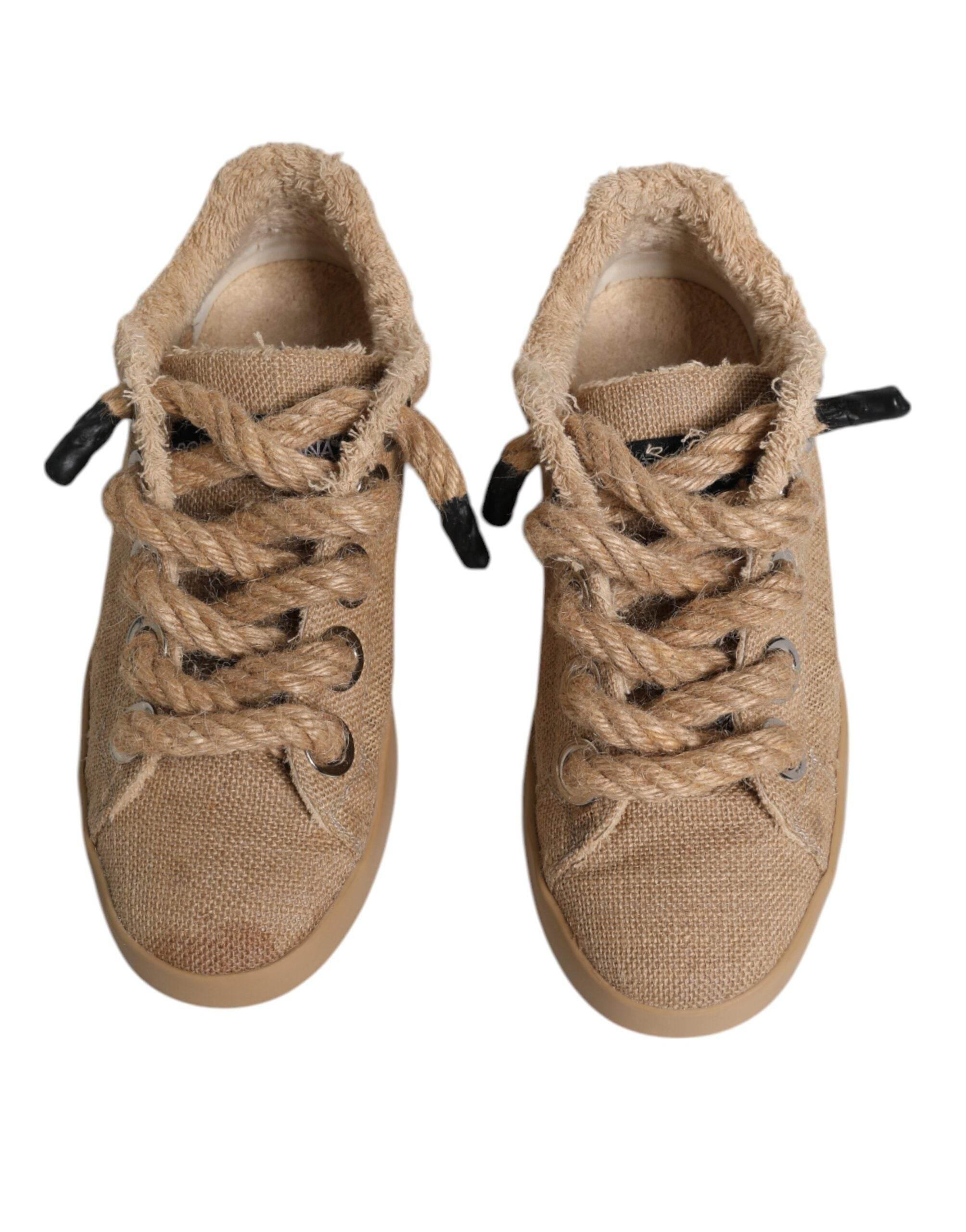 Dolce & Gabbana Brown Jute Fabric Low Top Men Sneakers Shoes - Hilstor
