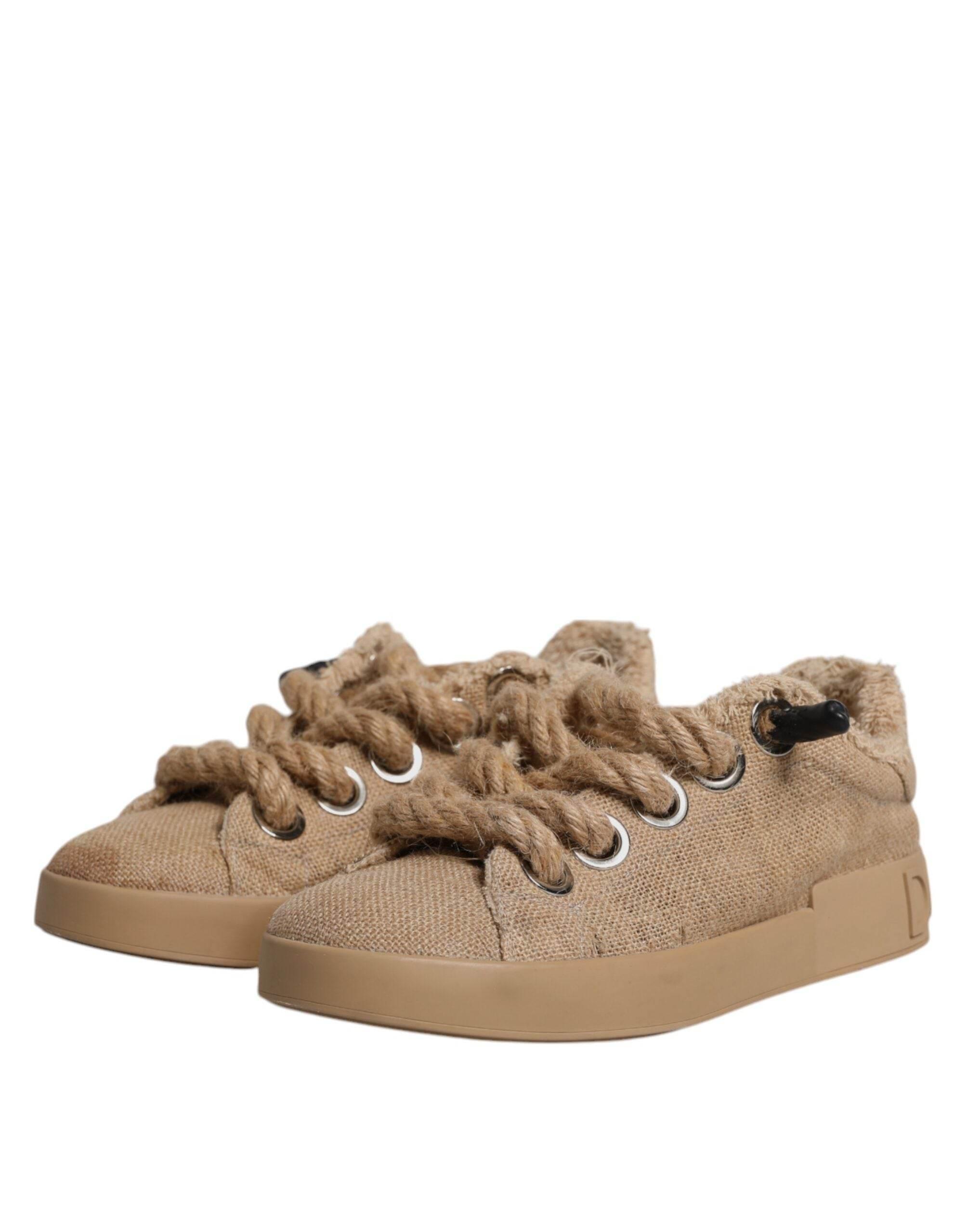 Dolce & Gabbana Brown Jute Fabric Low Top Men Sneakers Shoes - Hilstor