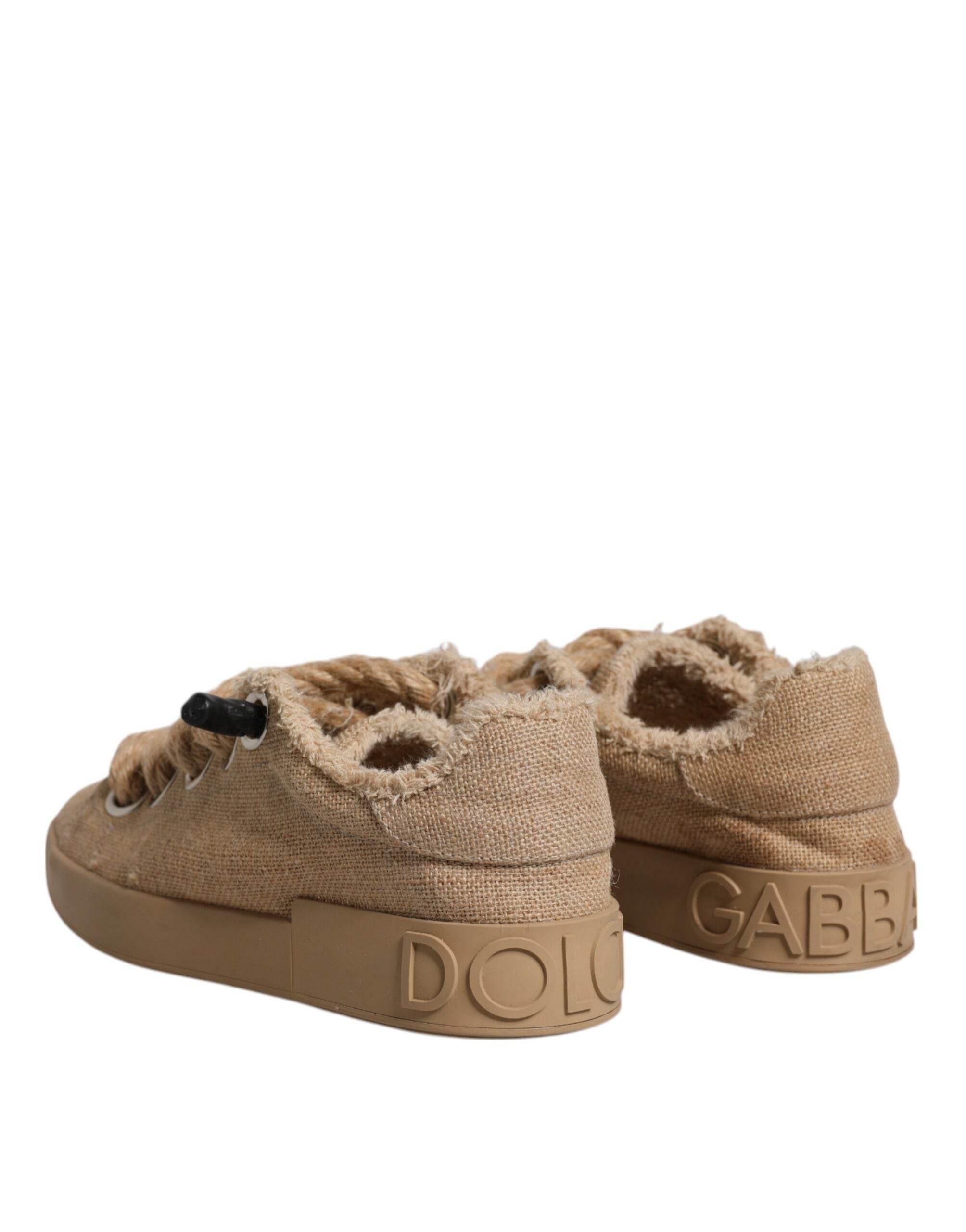 Dolce & Gabbana Brown Jute Fabric Low Top Men Sneakers Shoes - Hilstor