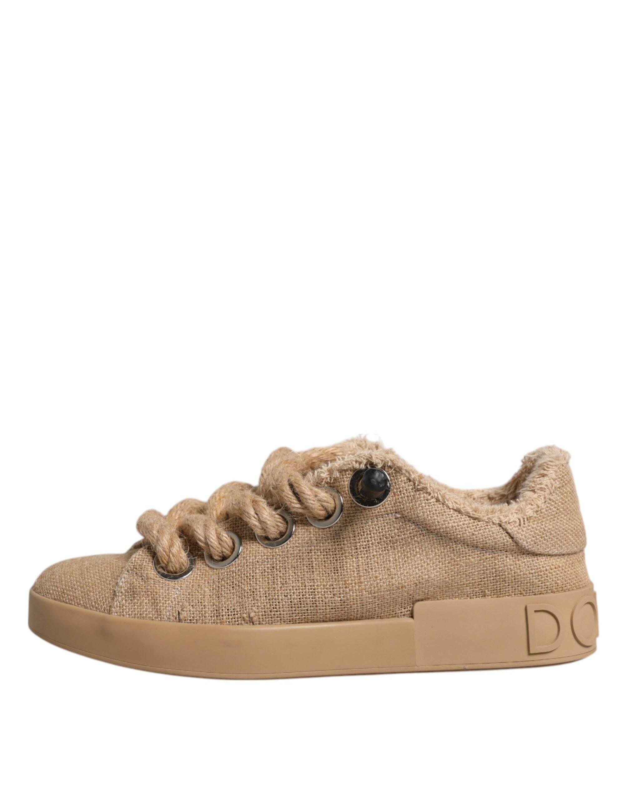 Dolce & Gabbana Brown Jute Fabric Low Top Men Sneakers Shoes - Hilstor
