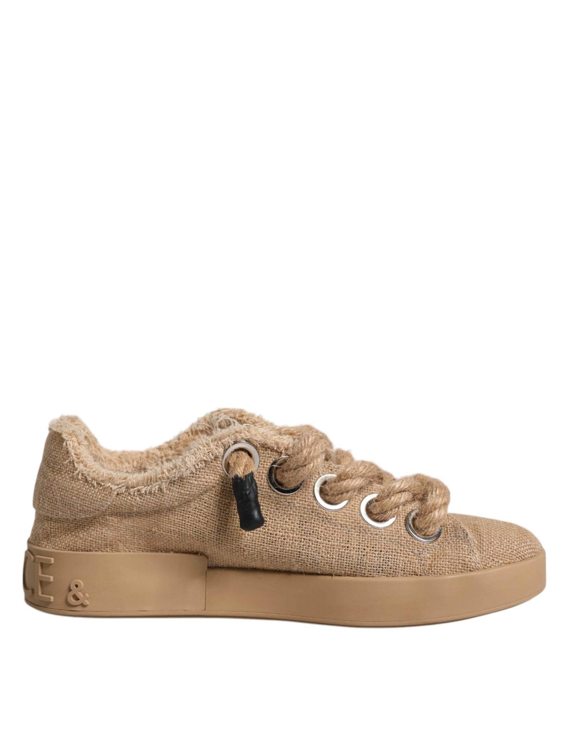 Dolce & Gabbana Brown Jute Fabric Low Top Men Sneakers Shoes - Hilstor