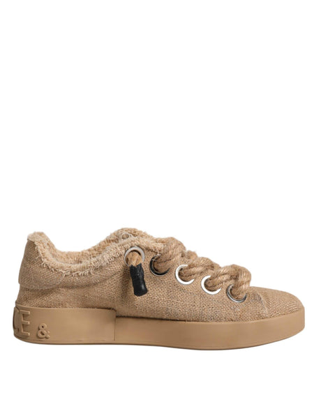 Dolce & Gabbana Brown Jute Fabric Low Top Men Sneakers Shoes - Hilstor