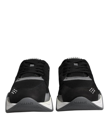 Versace Black Leather Neoprene Chunky Low Top Sneakers Squalo Shoes - Hilstor