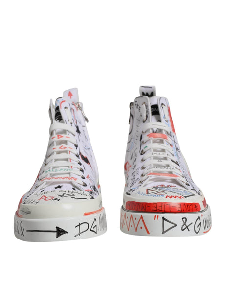 Dolce & Gabbana White Cotton Graffiti High Top Sneaker Shoes - Hilstor