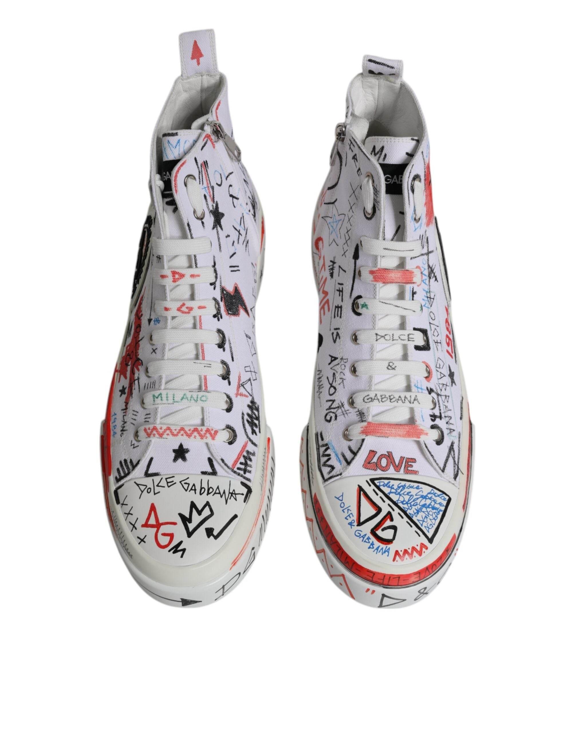 Dolce & Gabbana White Cotton Graffiti High Top Sneaker Shoes - Hilstor