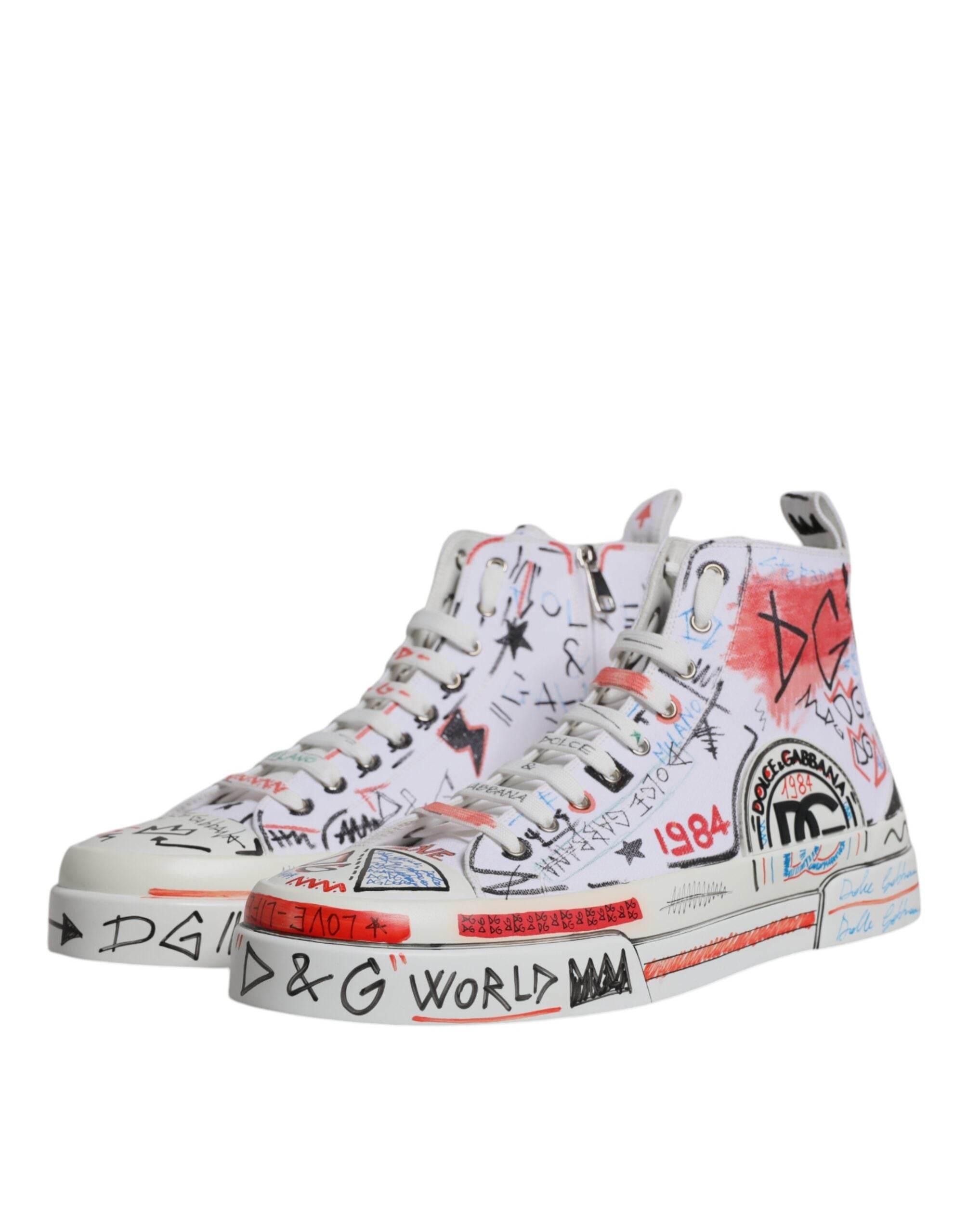 Dolce & Gabbana White Cotton Graffiti High Top Sneaker Shoes - Hilstor