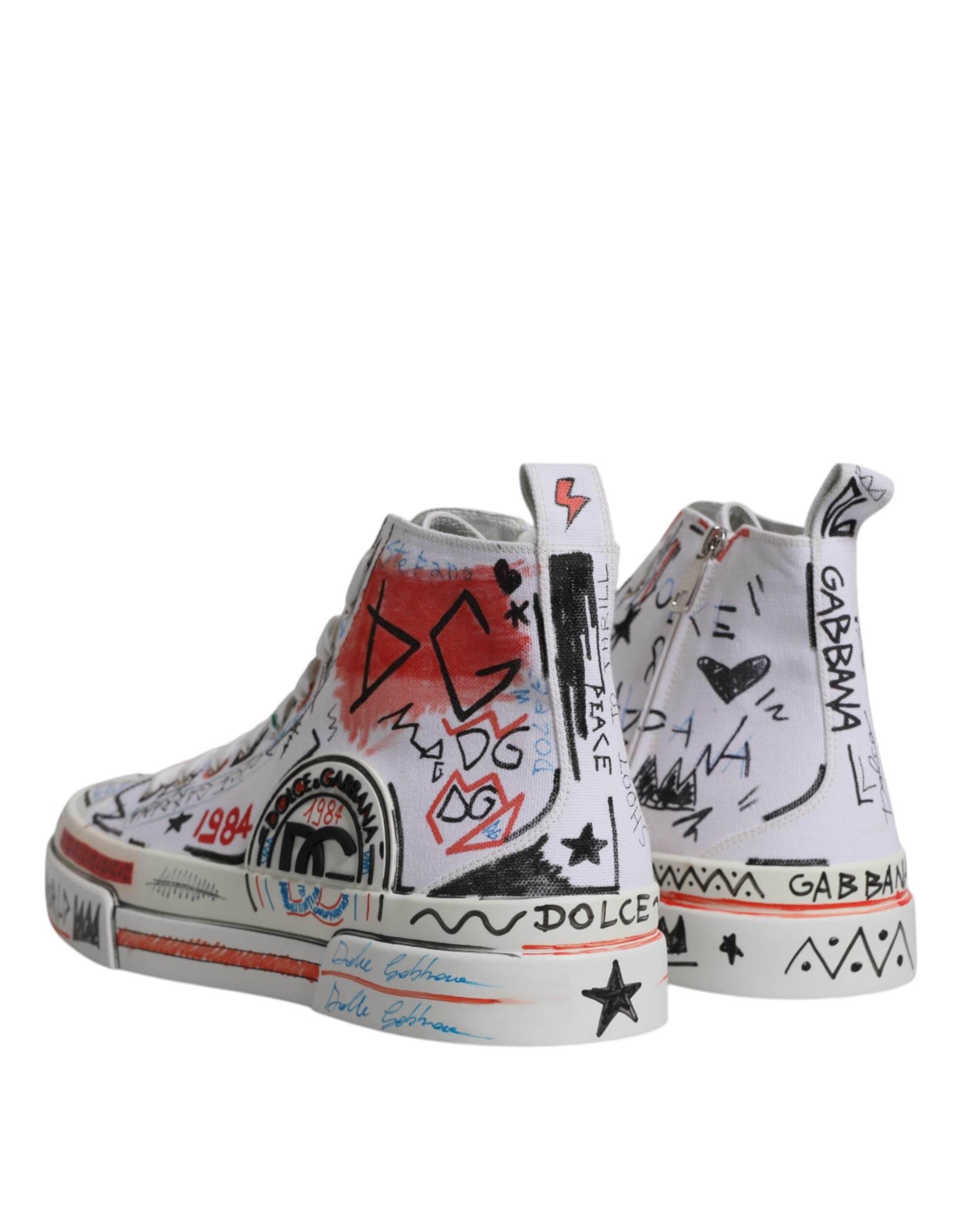Dolce & Gabbana White Cotton Graffiti High Top Sneaker Shoes - Hilstor
