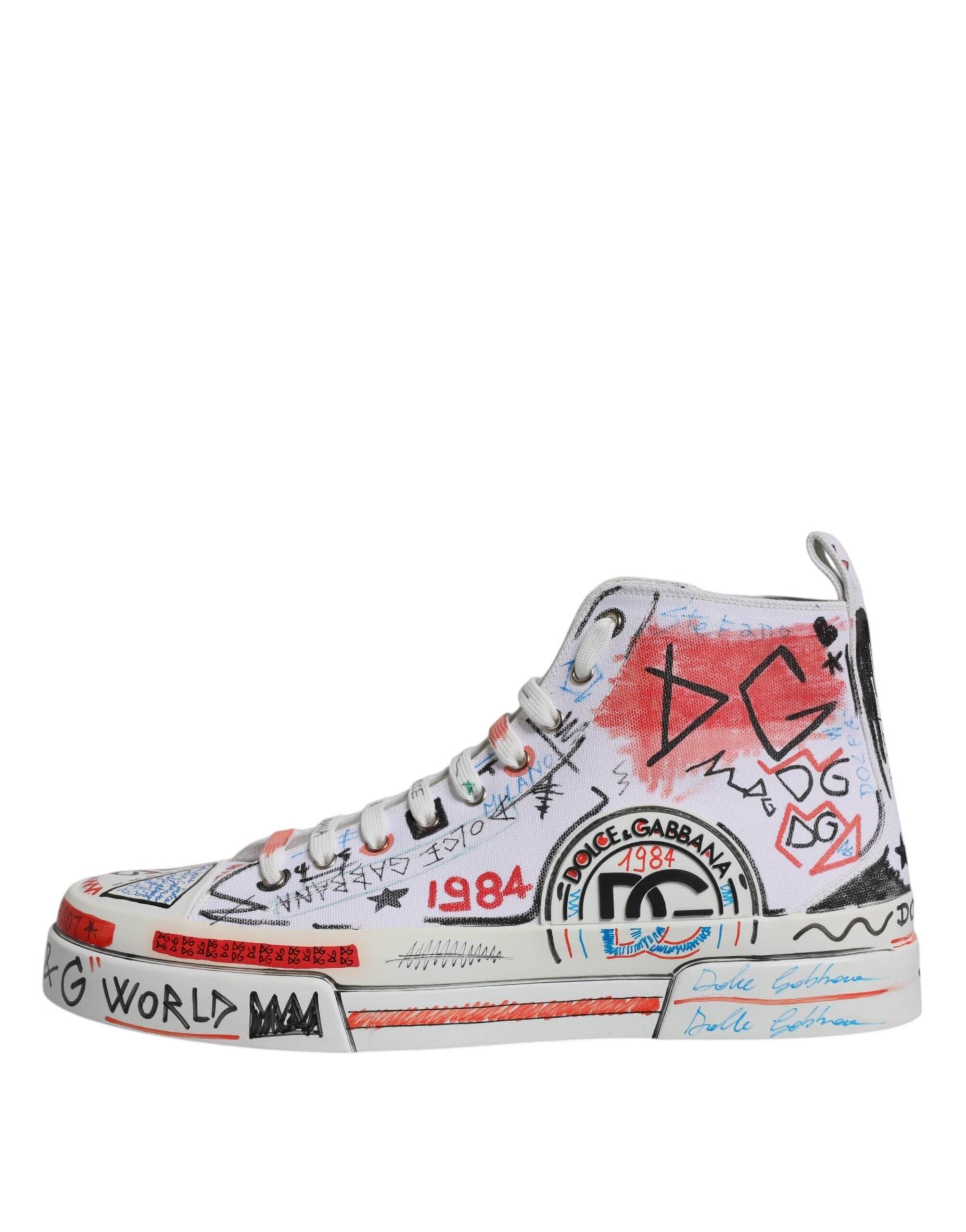 Dolce & Gabbana White Cotton Graffiti High Top Sneaker Shoes - Hilstor