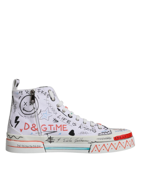 Dolce & Gabbana White Cotton Graffiti High Top Sneaker Shoes - Hilstor