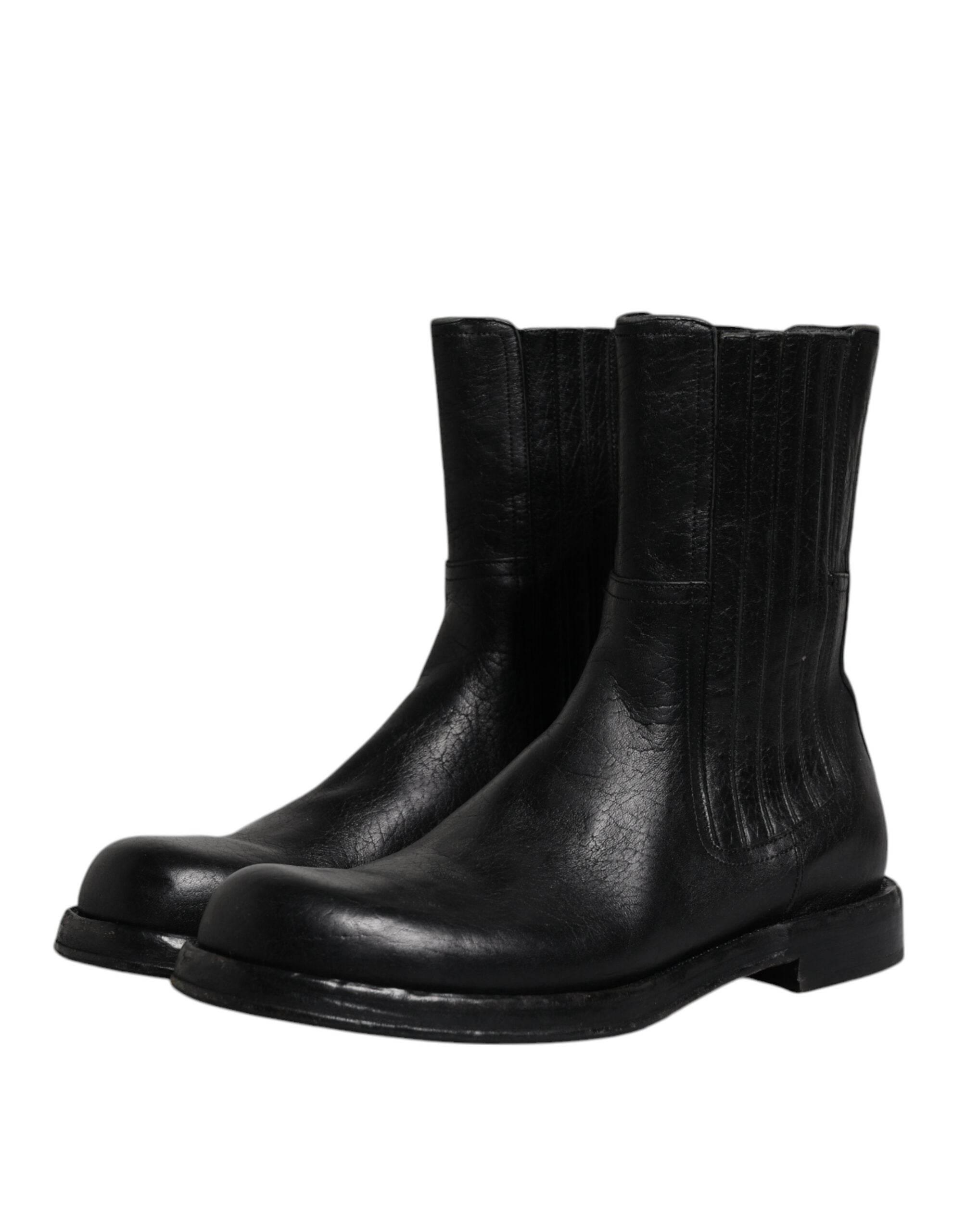 Dolce & Gabbana Black Horse Leather Mid Calf Boots Shoes - Hilstor