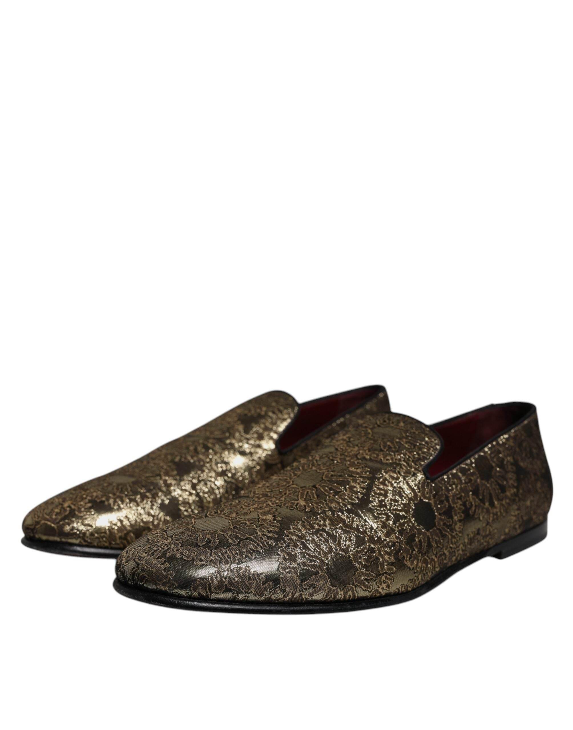 Dolce & Gabbana Gold Jacquard Flats Men Loafers Dress Shoes - Hilstor