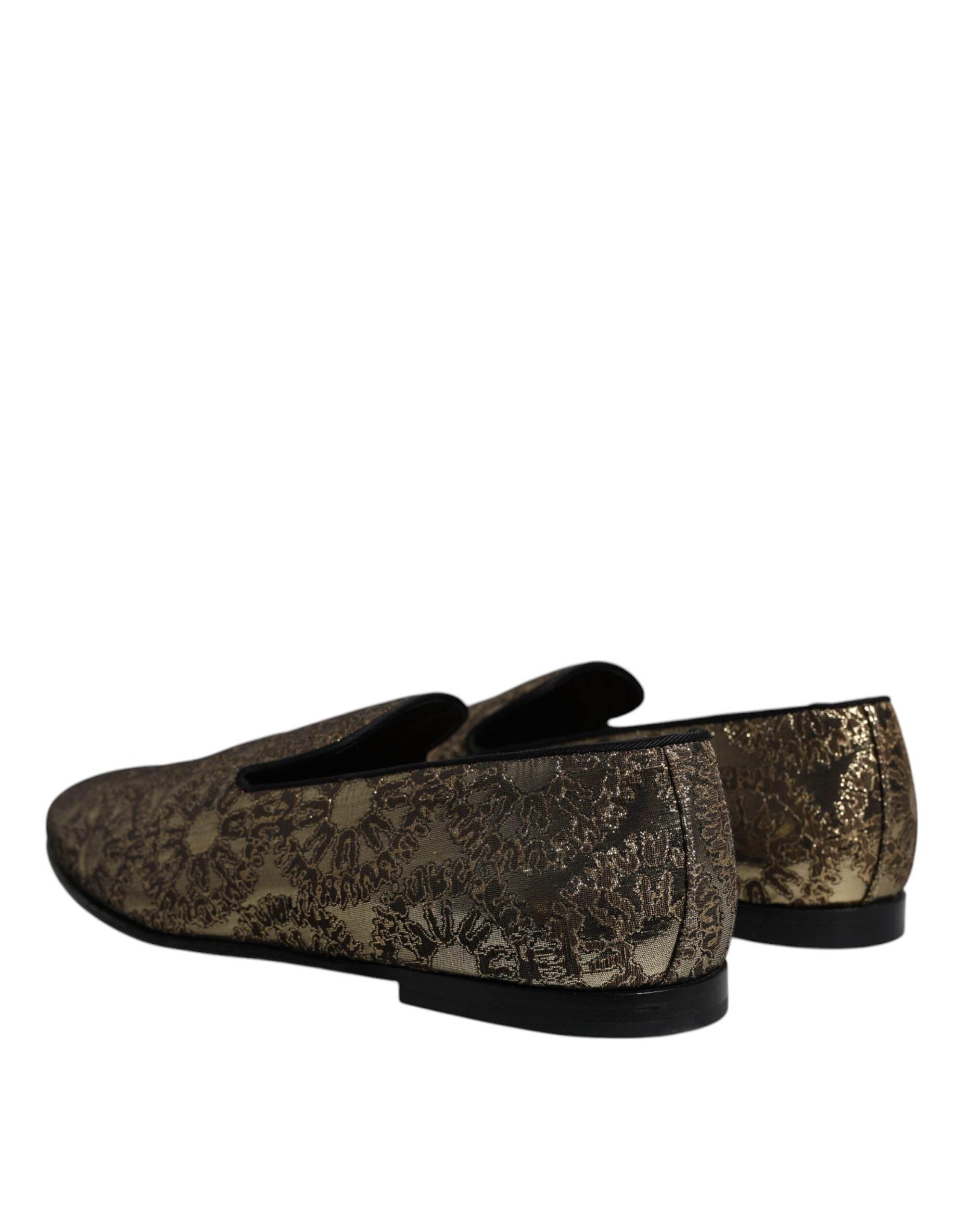 Dolce & Gabbana Gold Jacquard Flats Men Loafers Dress Shoes - Hilstor