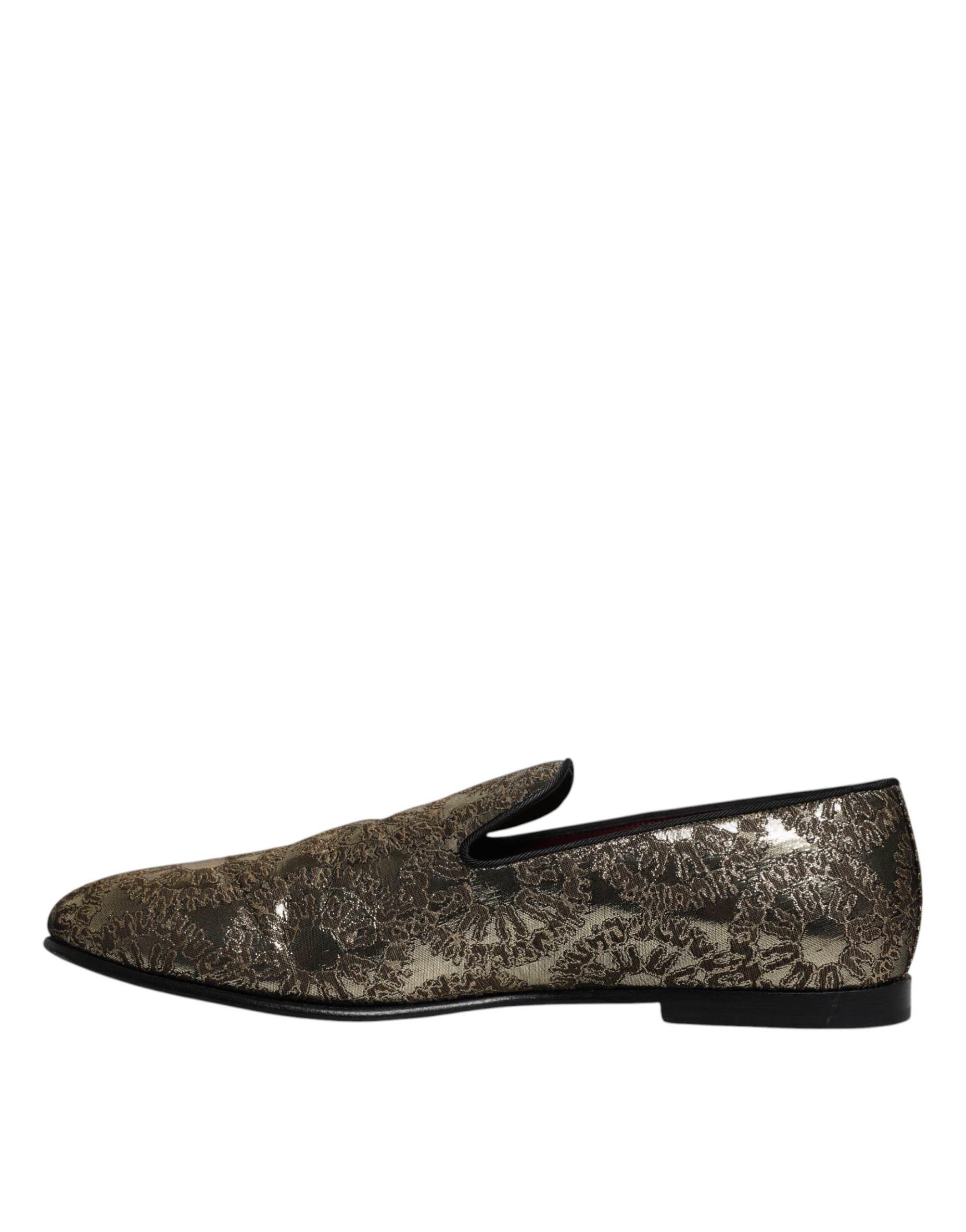 Dolce & Gabbana Gold Jacquard Flats Men Loafers Dress Shoes - Hilstor