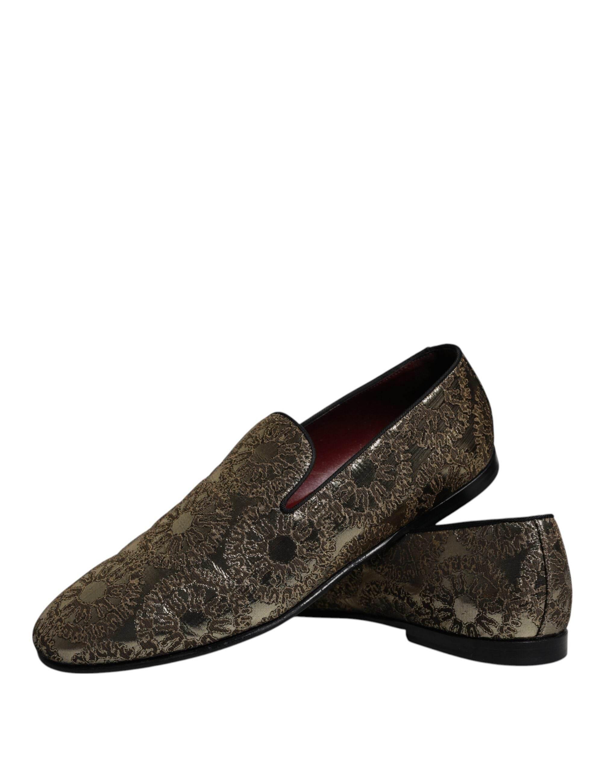 Dolce & Gabbana Gold Jacquard Flats Men Loafers Dress Shoes - Hilstor