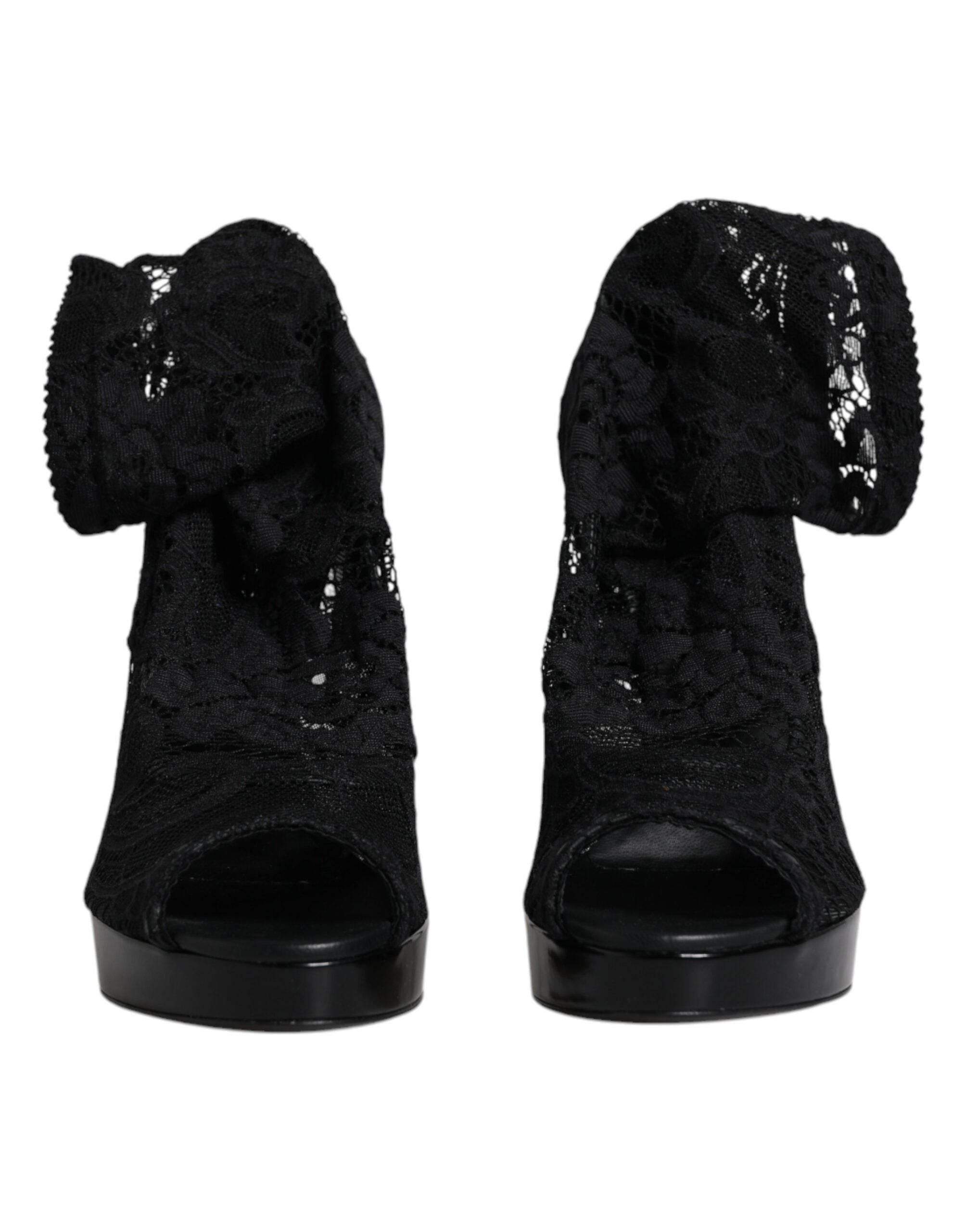 Dolce & Gabbana Black Stretch Taormina Lace Boots Shoes - Hilstor