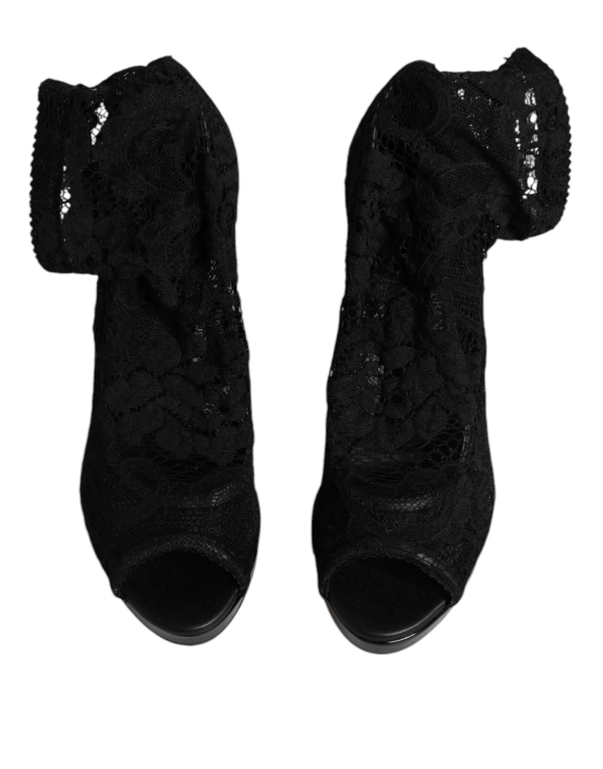 Dolce & Gabbana Black Stretch Taormina Lace Boots Shoes - Hilstor