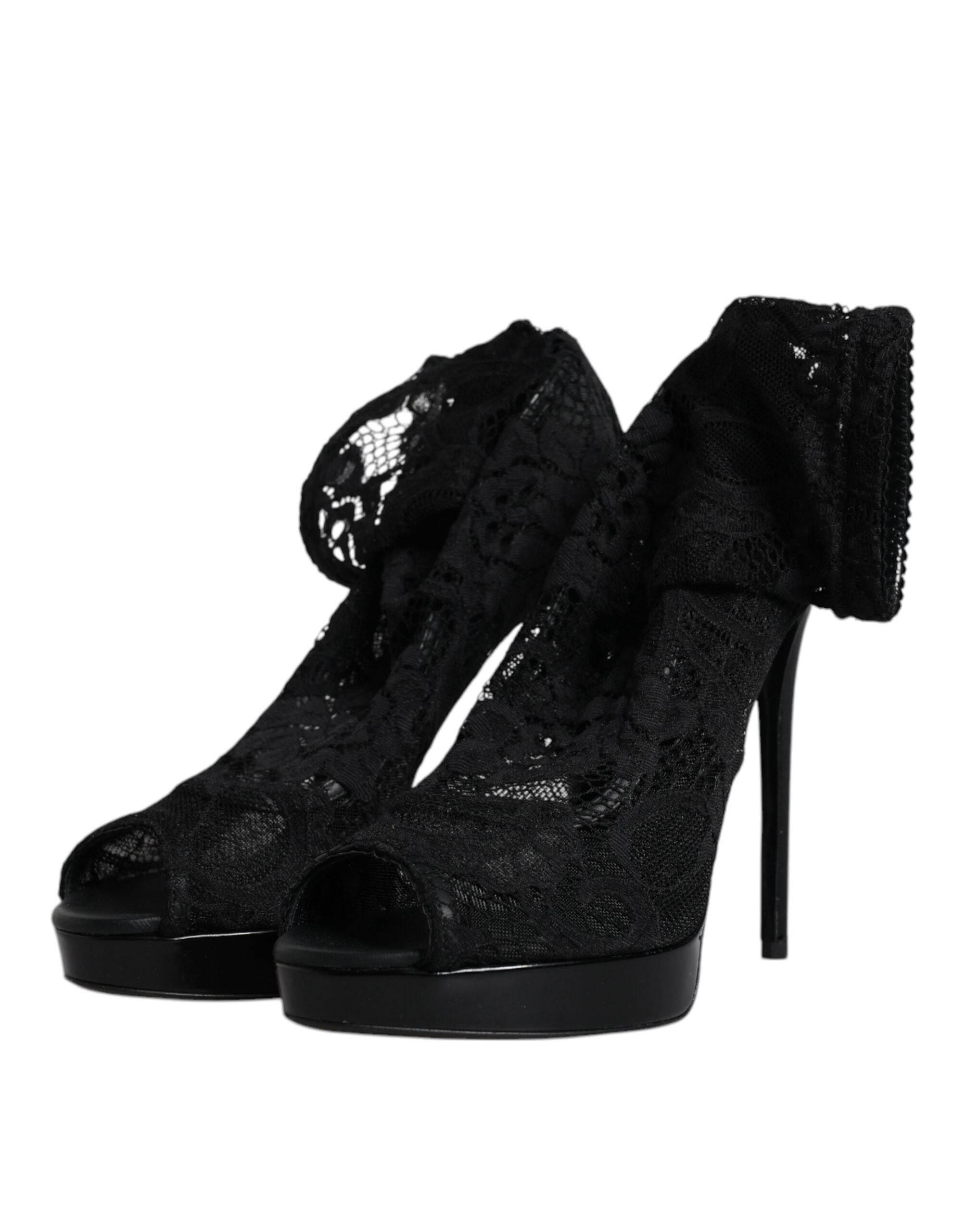 Dolce & Gabbana Black Stretch Taormina Lace Boots Shoes - Hilstor