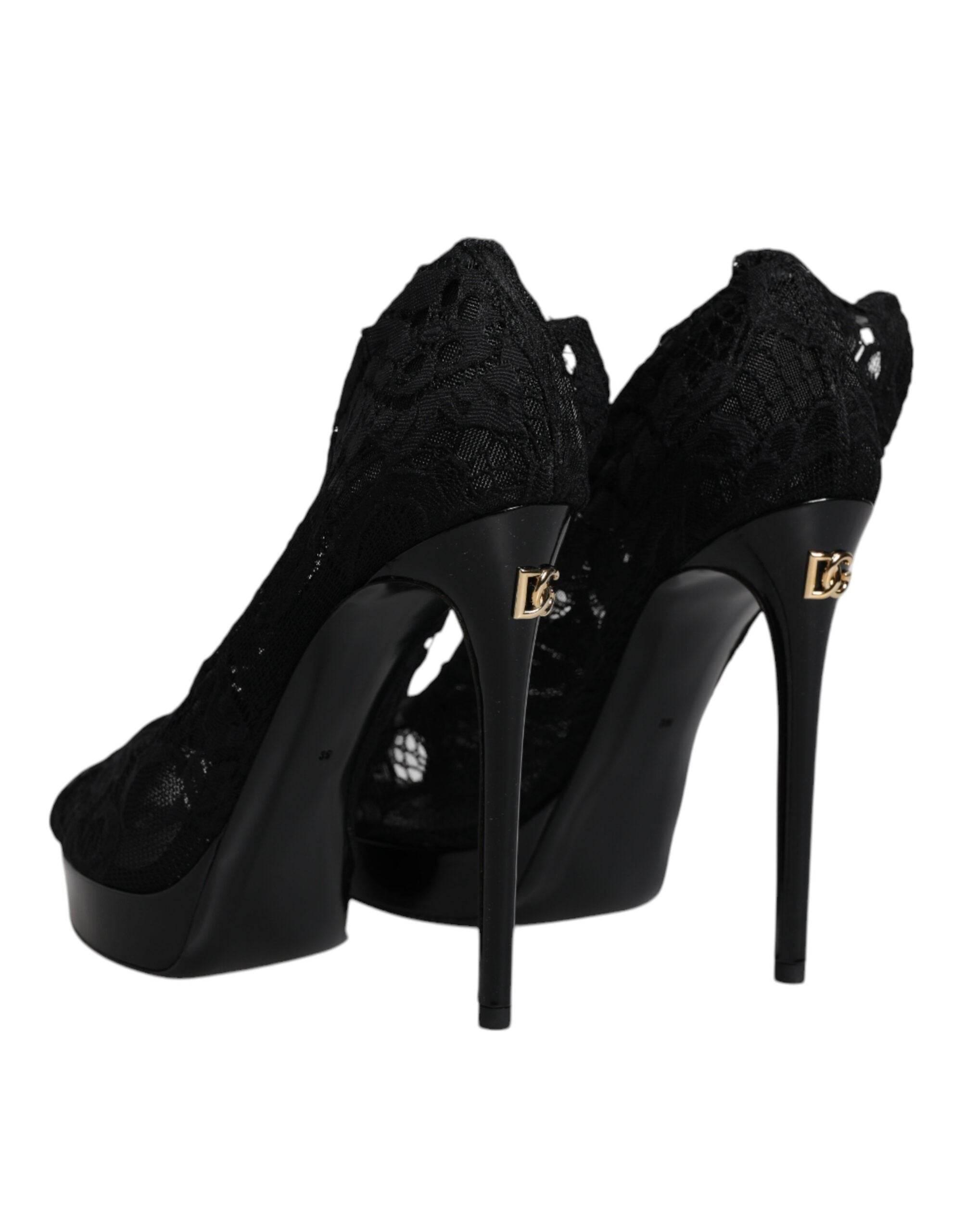 Dolce & Gabbana Black Stretch Taormina Lace Boots Shoes - Hilstor