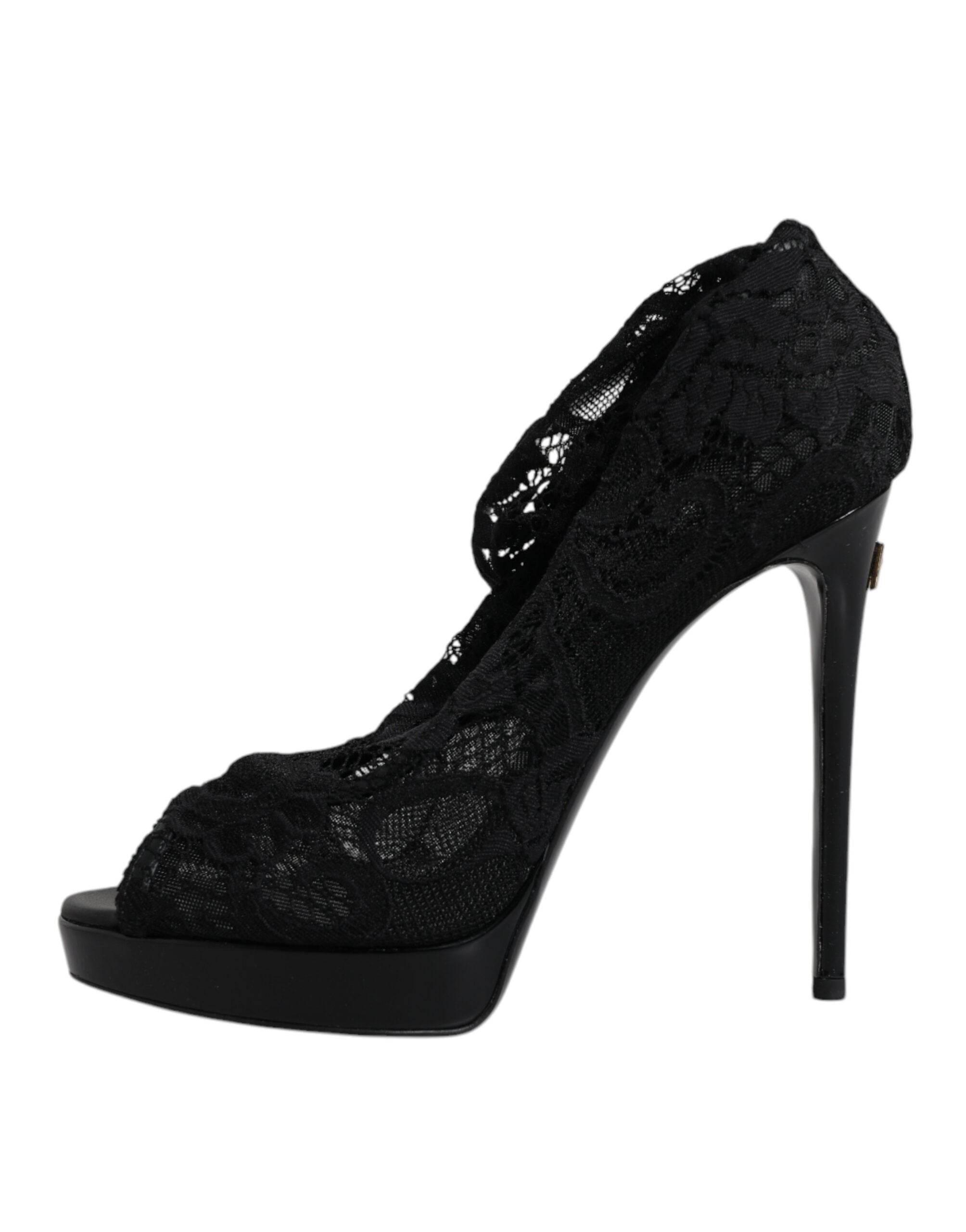 Dolce & Gabbana Black Stretch Taormina Lace Boots Shoes - Hilstor