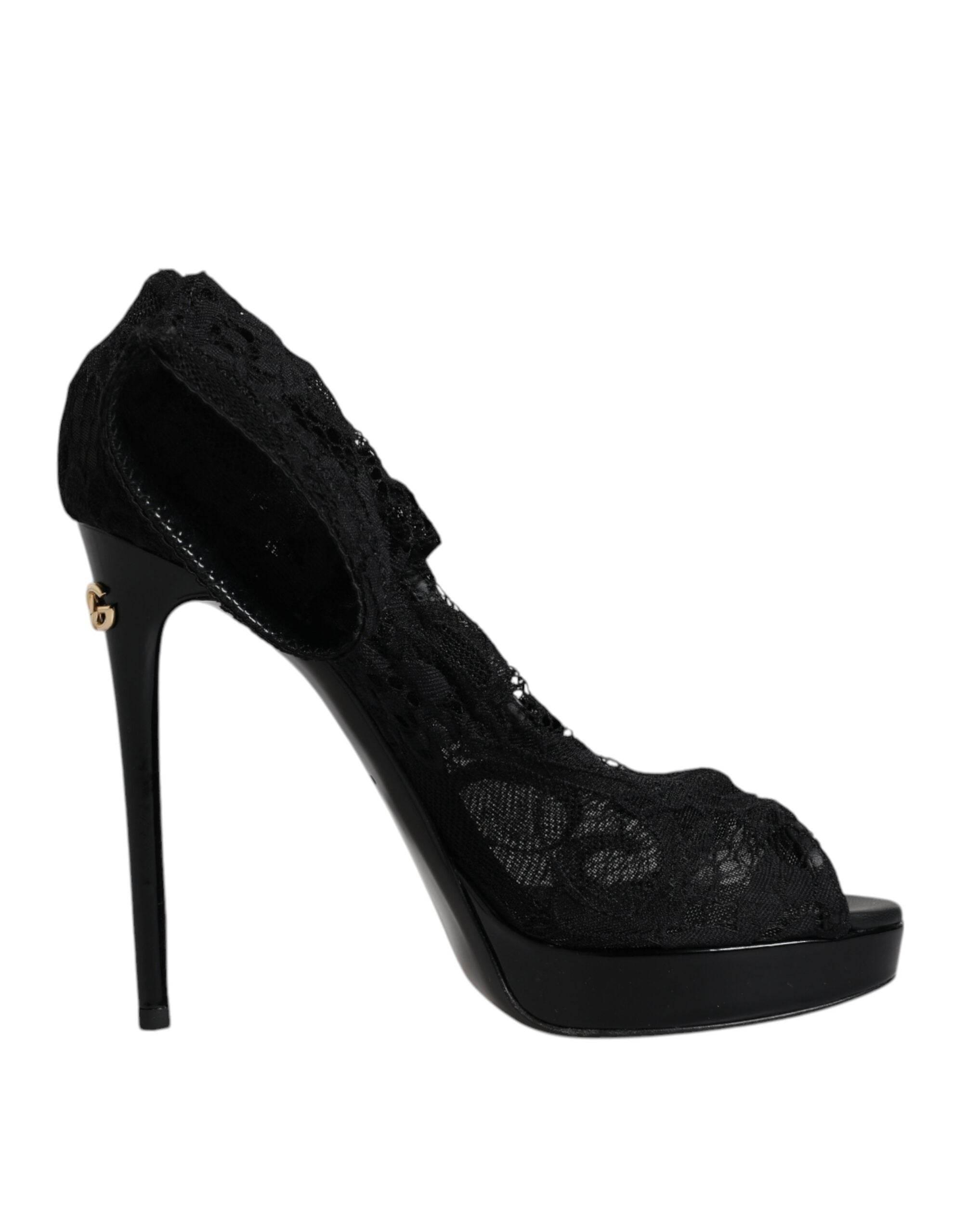 Dolce & Gabbana Black Stretch Taormina Lace Boots Shoes - Hilstor