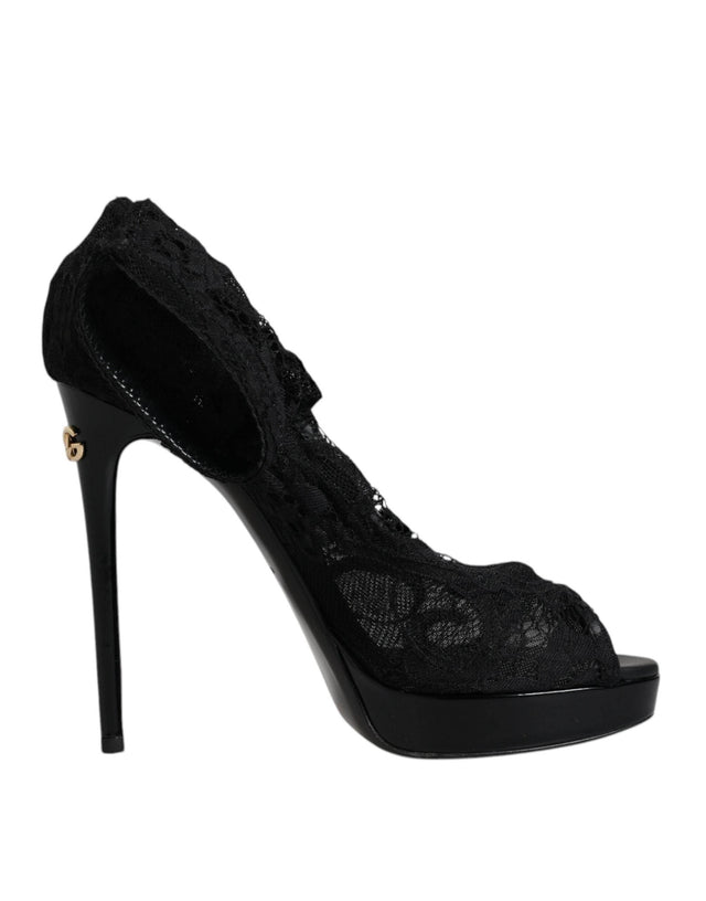 Dolce & Gabbana Black Stretch Taormina Lace Boots Shoes - Hilstor