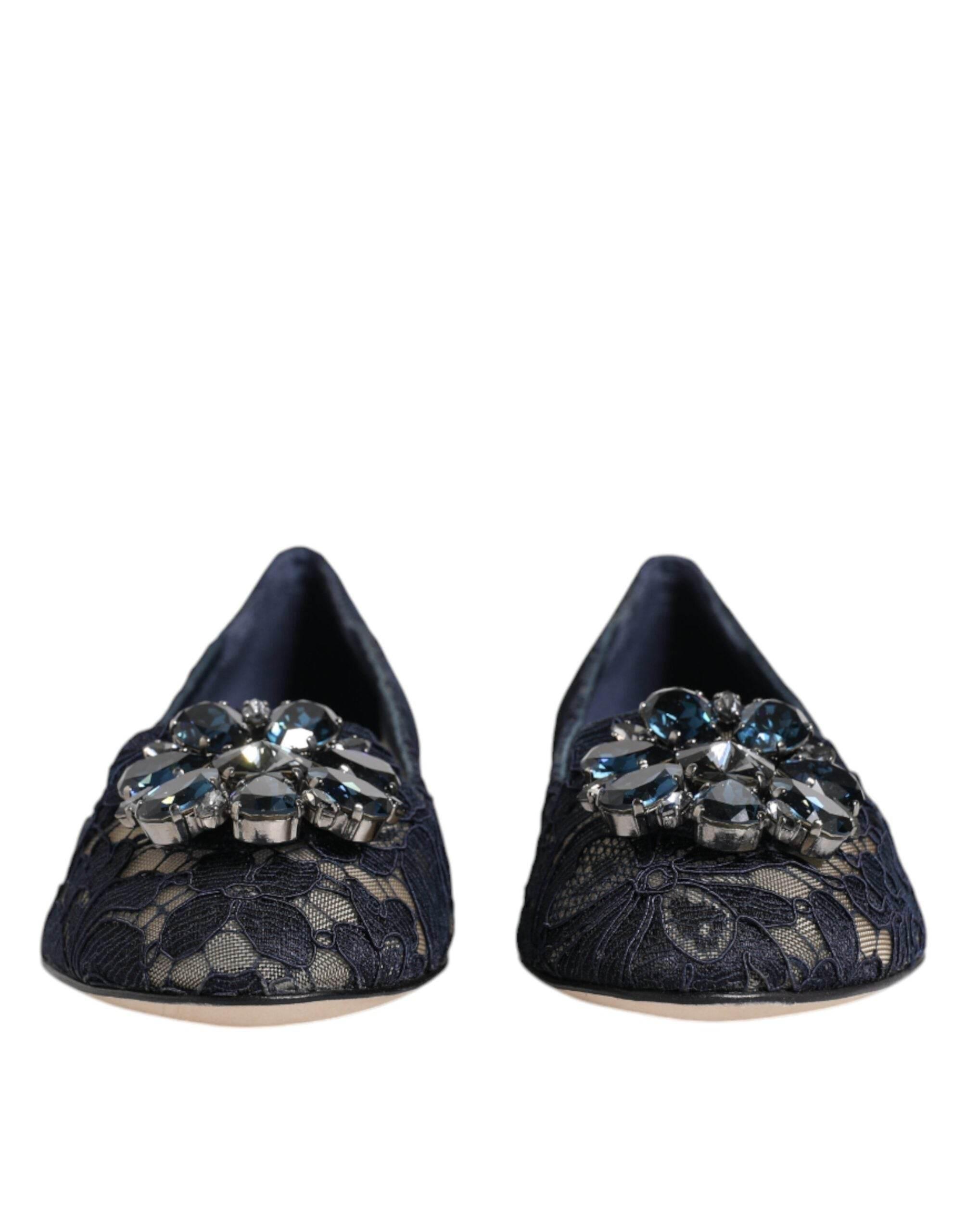 Dolce & Gabbana Blue Taormina Lace Crystals Flats Shoes - Hilstor