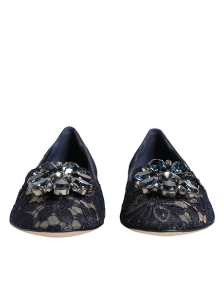 Dolce & Gabbana Blue Taormina Lace Crystals Flats Shoes - Hilstor