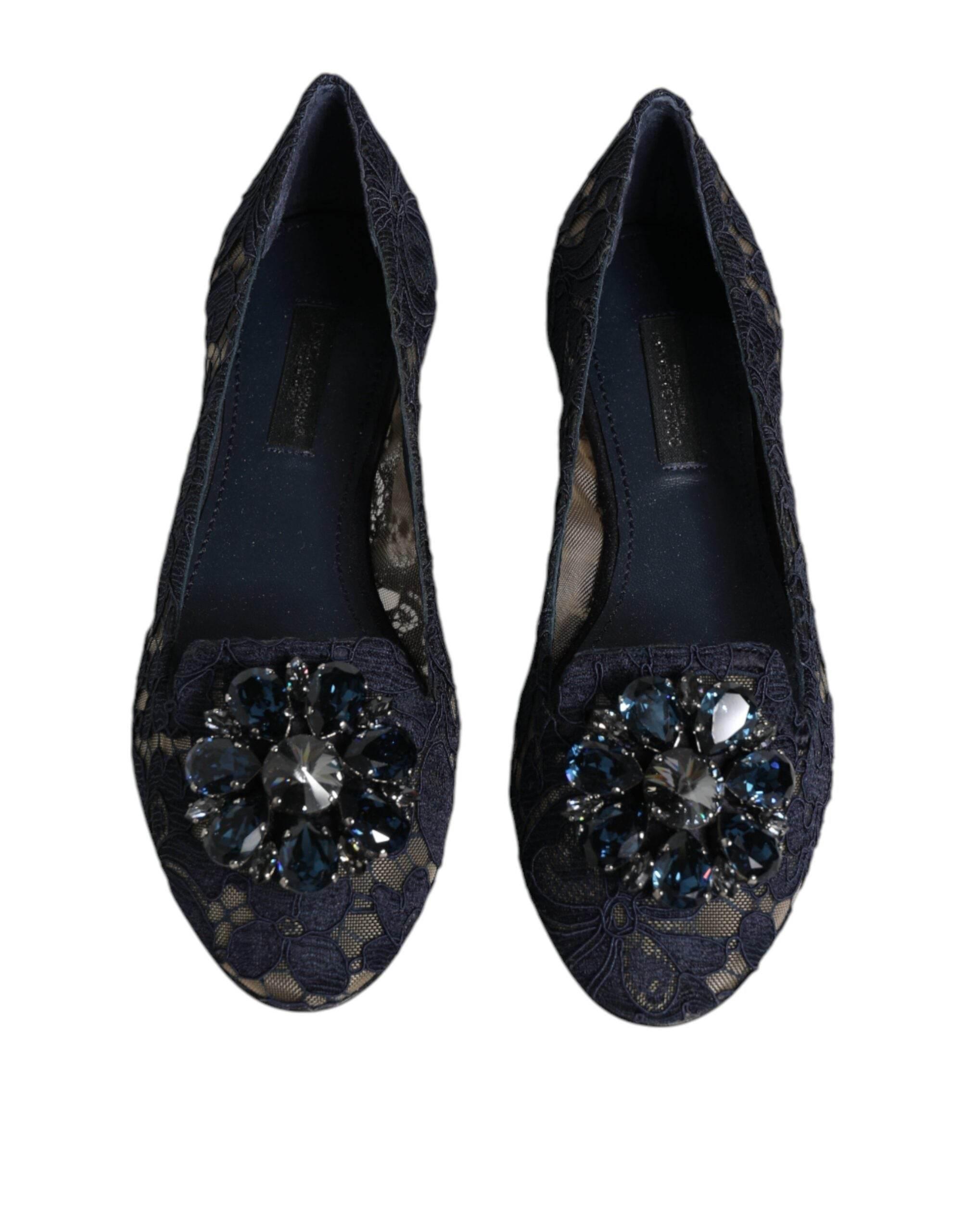 Dolce & Gabbana Blue Taormina Lace Crystals Flats Shoes - Hilstor