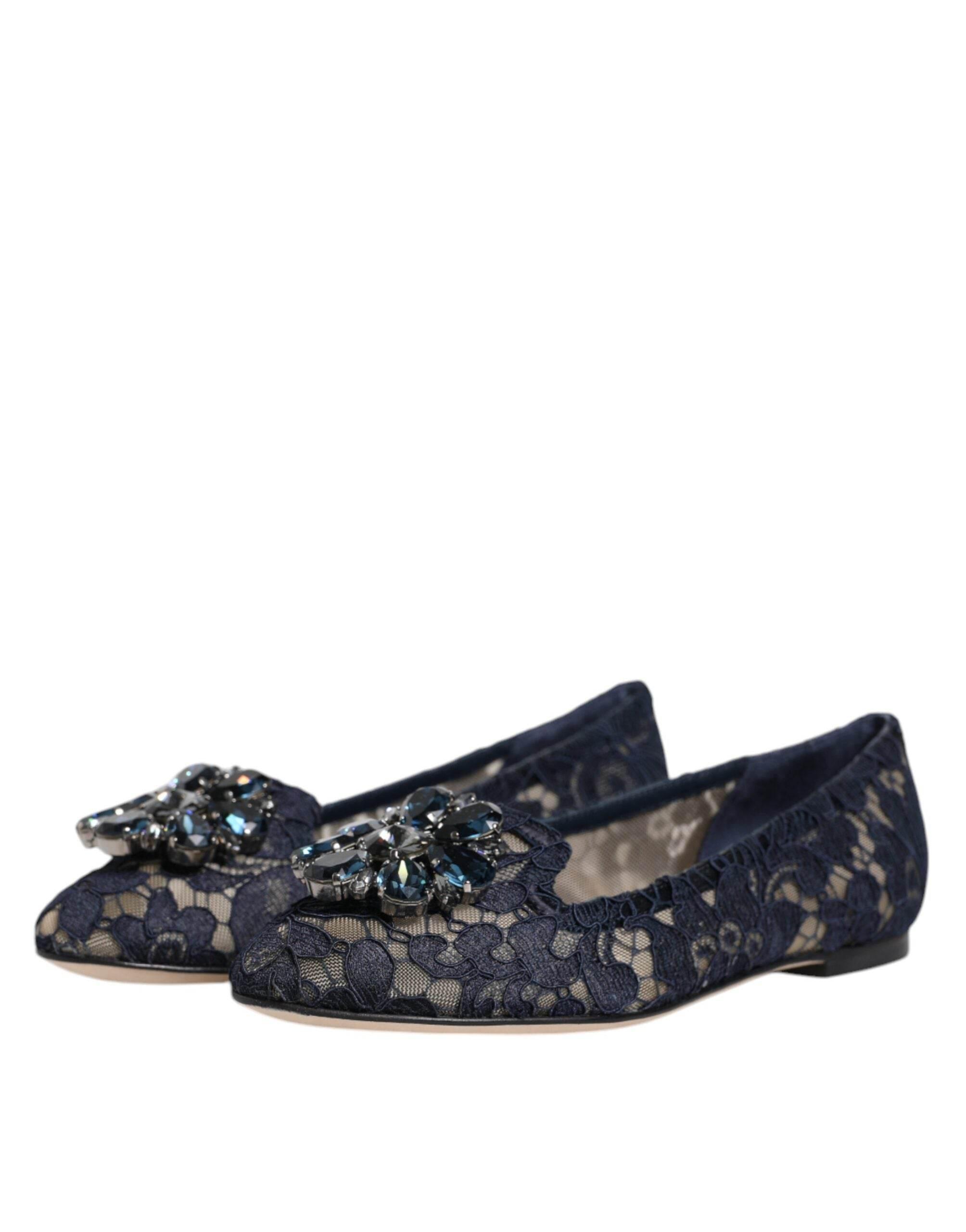 Dolce & Gabbana Blue Taormina Lace Crystals Flats Shoes - Hilstor