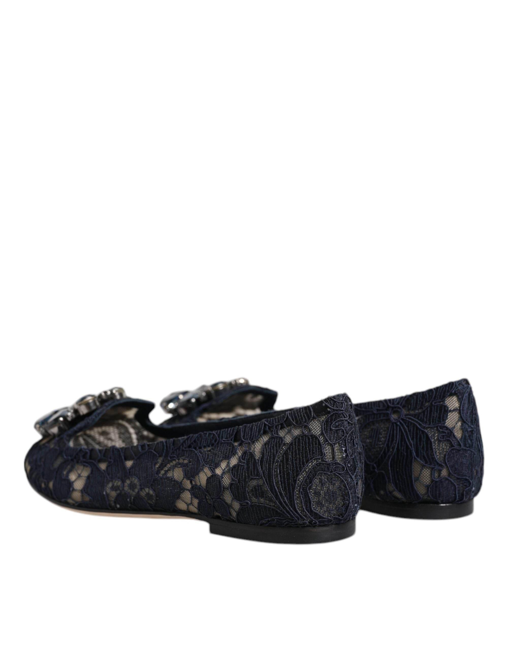 Dolce & Gabbana Blue Taormina Lace Crystals Flats Shoes - Hilstor