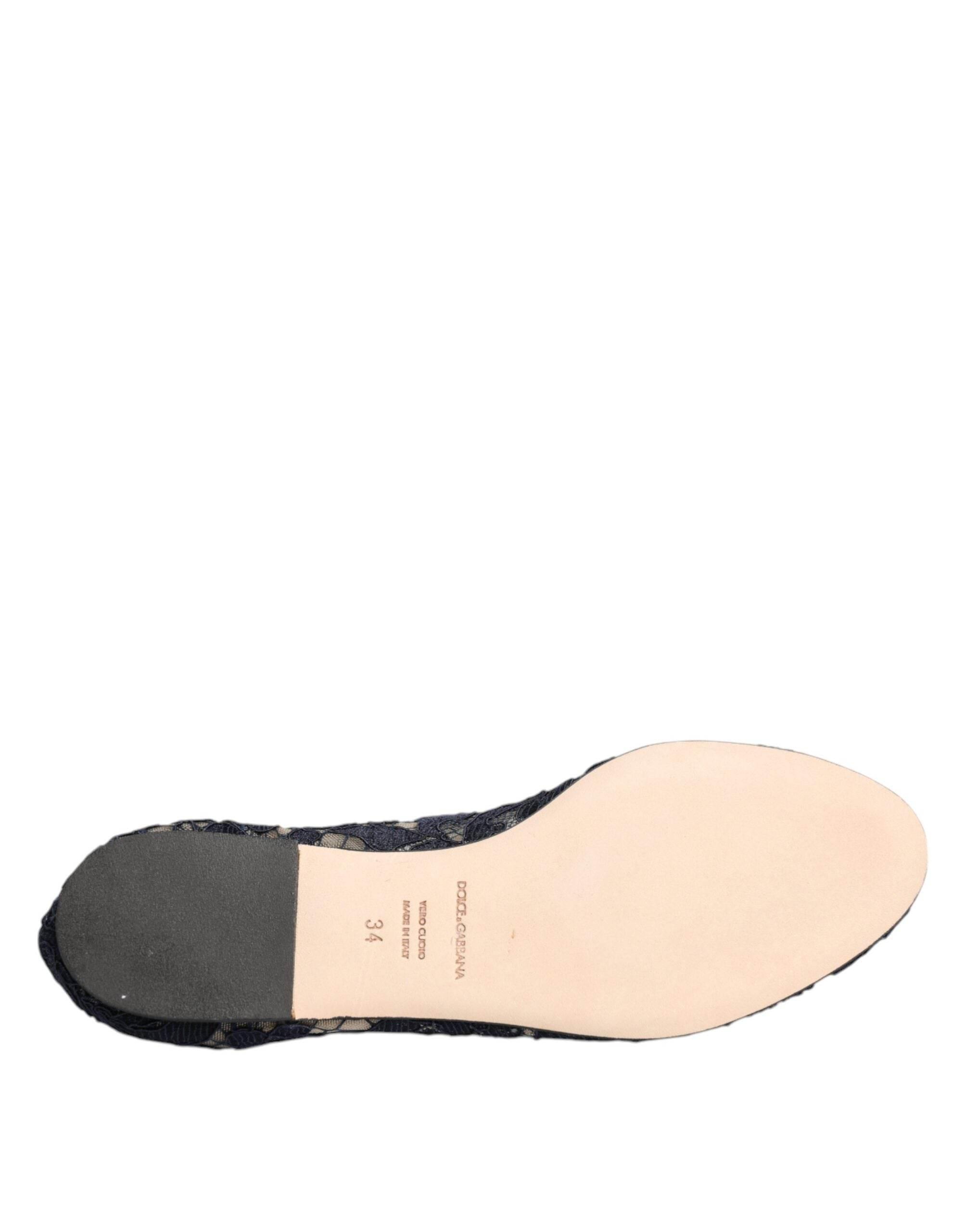 Dolce & Gabbana Blue Taormina Lace Crystals Flats Shoes - Hilstor