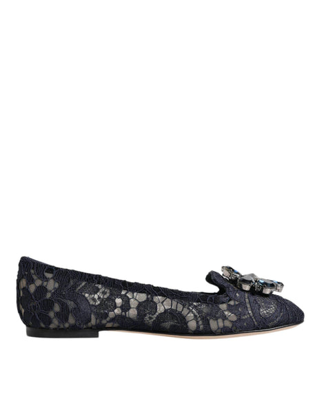 Dolce & Gabbana Blue Taormina Lace Crystals Flats Shoes - Hilstor