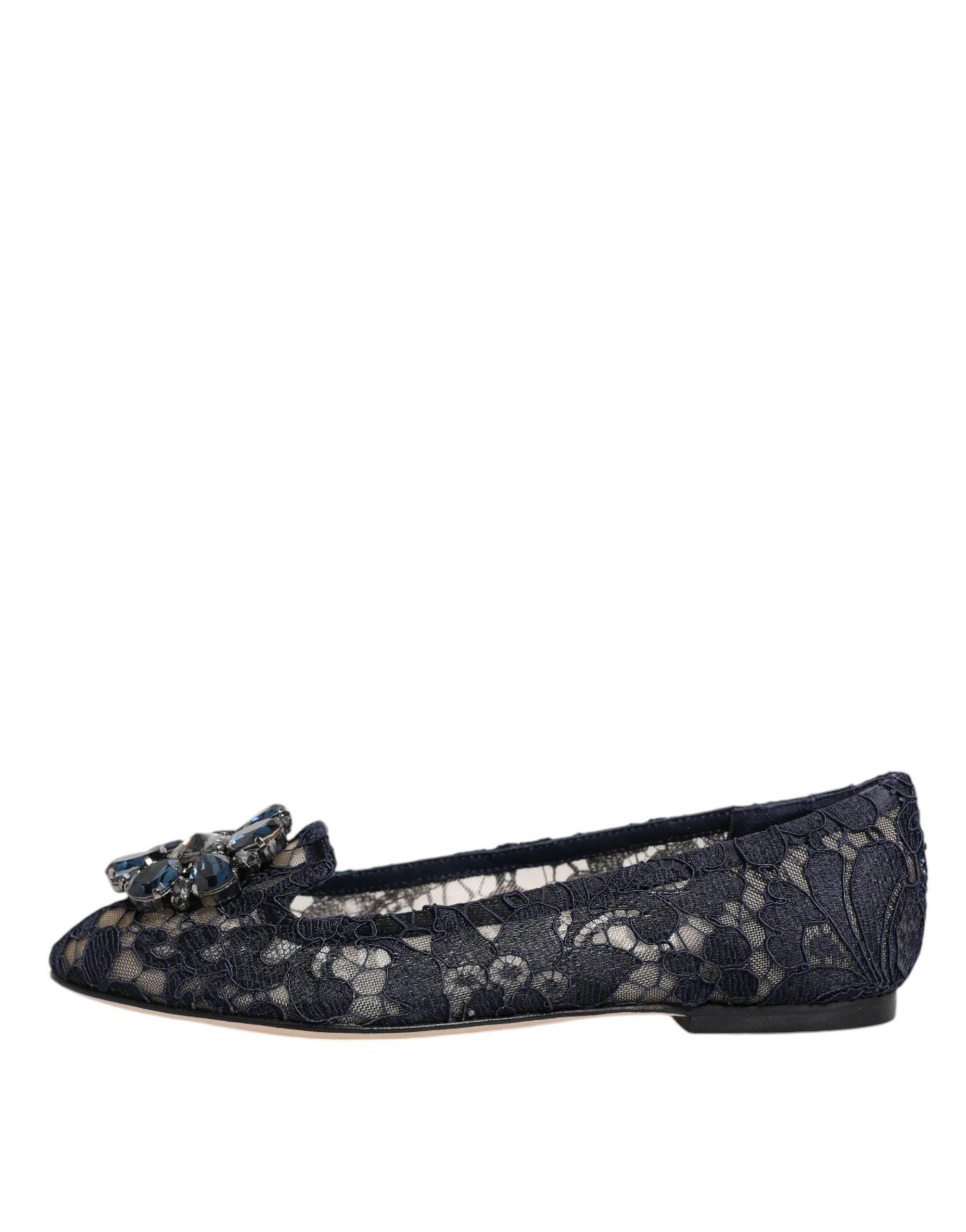 Dolce & Gabbana Blue Taormina Lace Crystals Flats Shoes - Hilstor