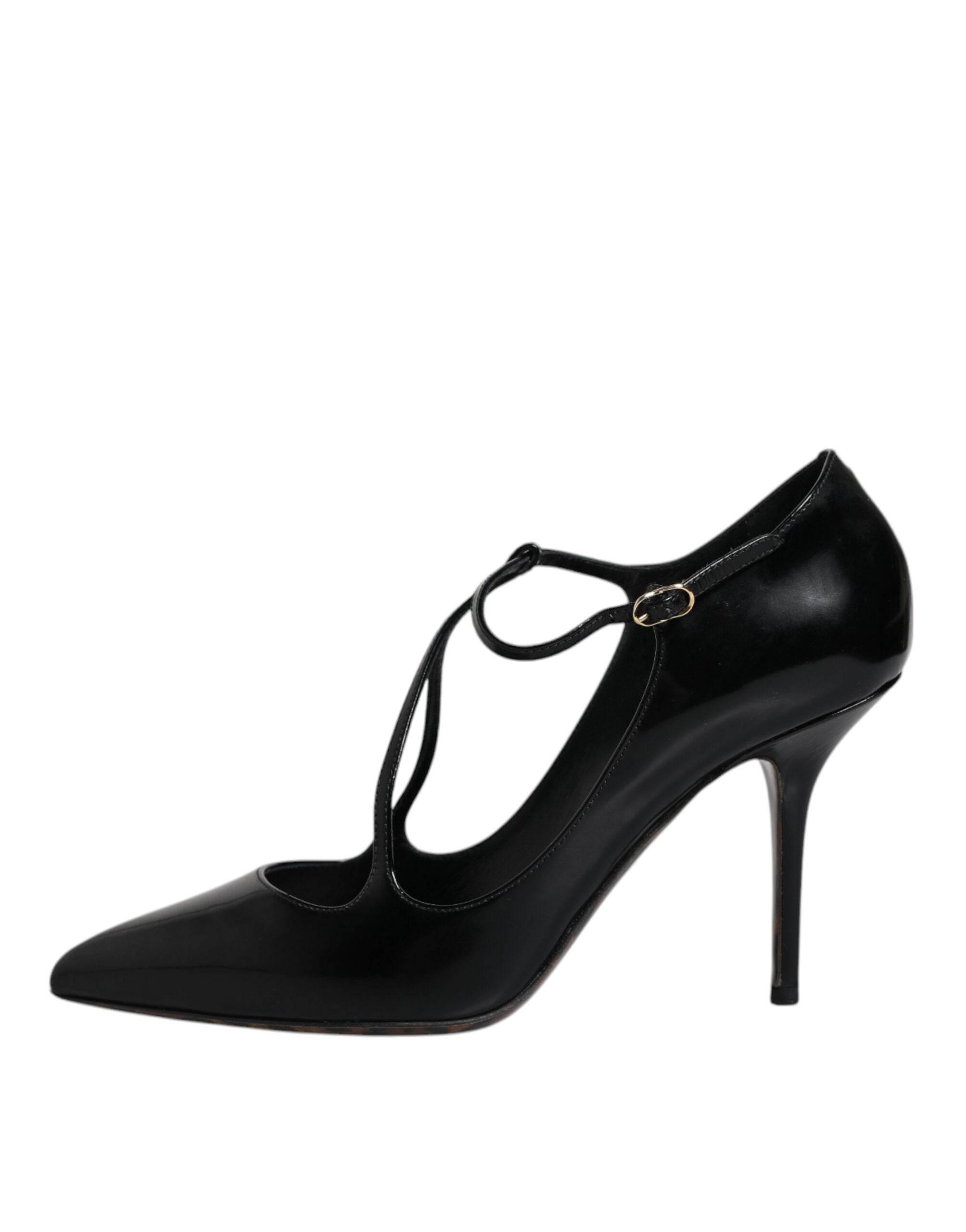 Dolce & Gabbana Black Leather T-strap Stiletto Heels Shoes - Hilstor