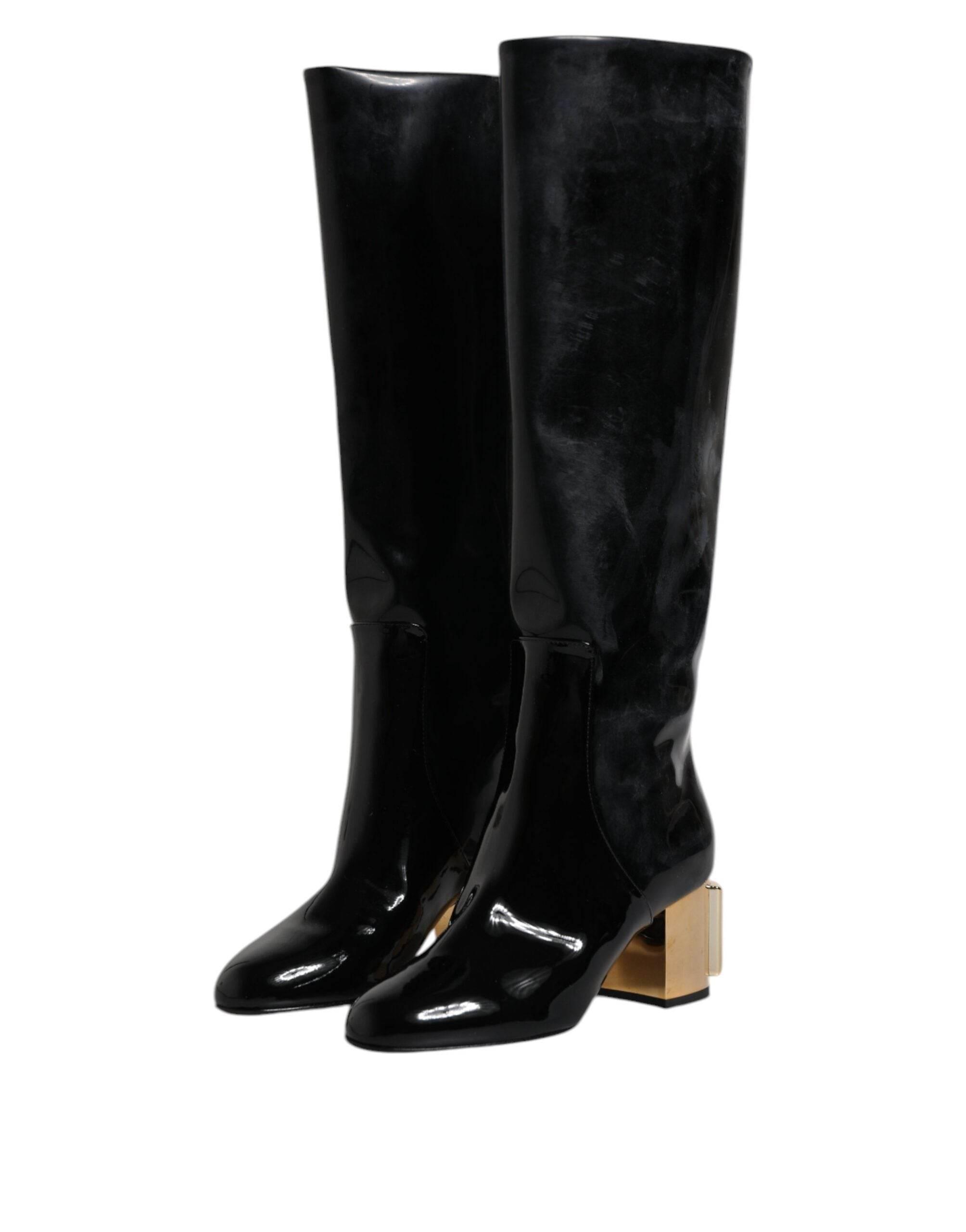 Dolce & Gabbana Black Patent Leather Vally High Boots Shoes - Hilstor