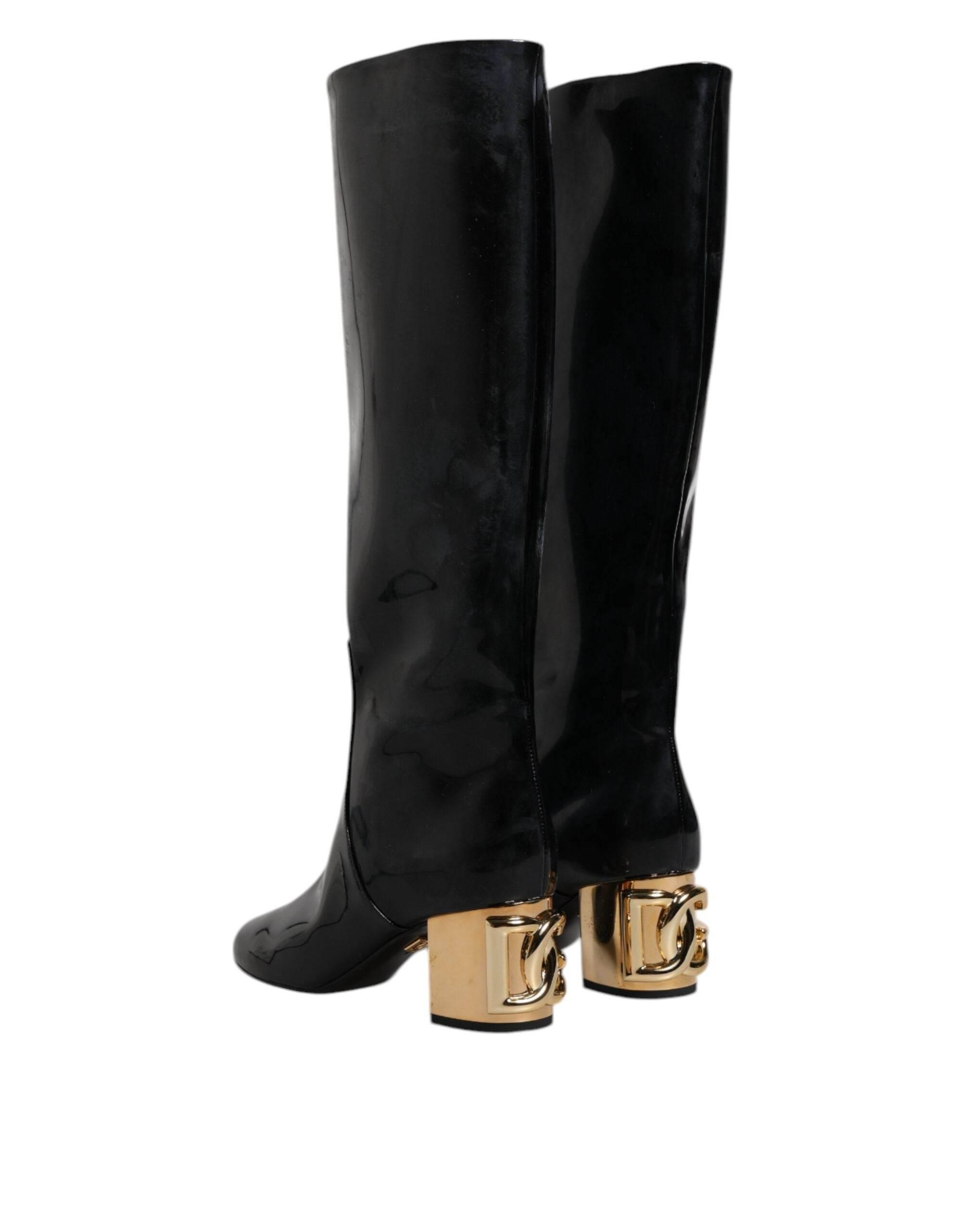 Dolce & Gabbana Black Patent Leather Vally High Boots Shoes - Hilstor