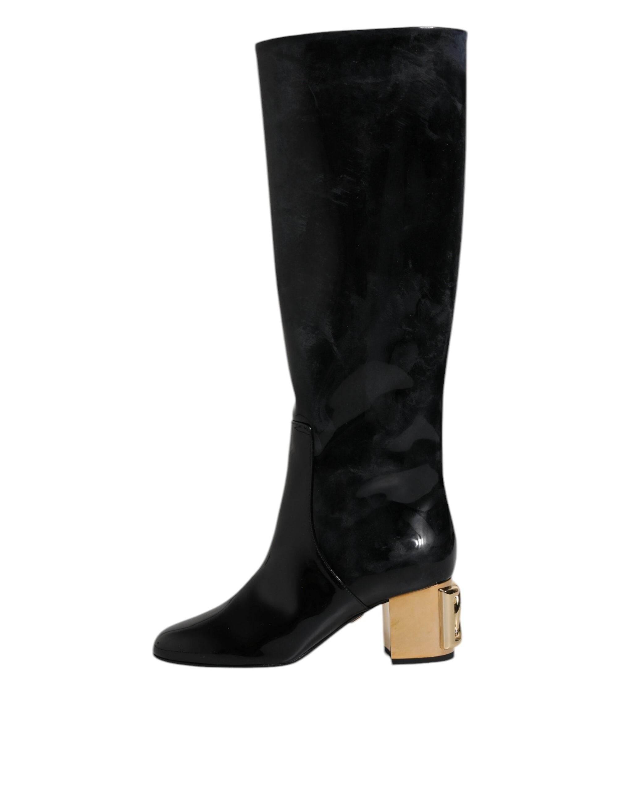 Dolce & Gabbana Black Patent Leather Vally High Boots Shoes - Hilstor