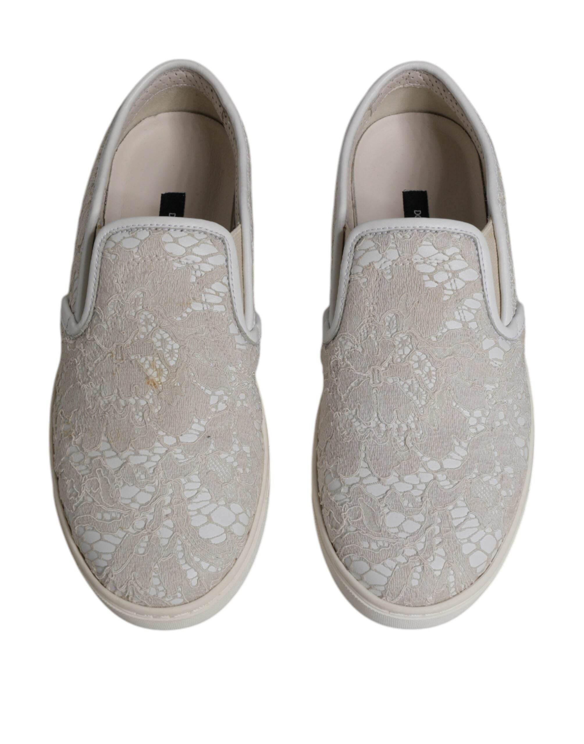 Dolce & Gabbana White Floral Lace Slip On Loafers Shoes - Hilstor