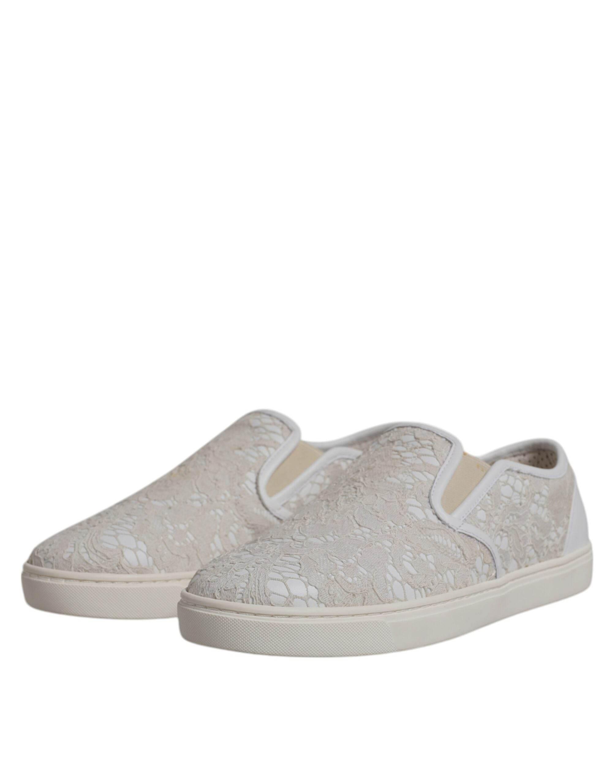 Dolce & Gabbana White Floral Lace Slip On Loafers Shoes - Hilstor
