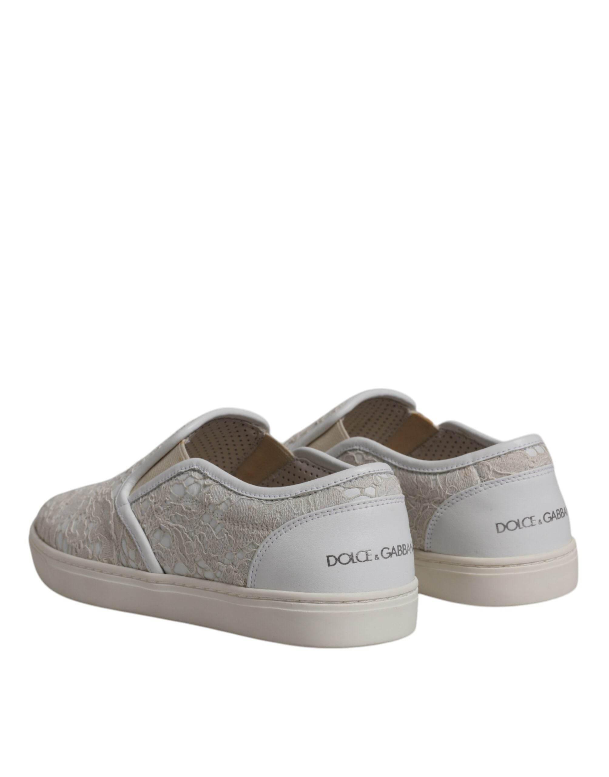Dolce & Gabbana White Floral Lace Slip On Loafers Shoes - Hilstor
