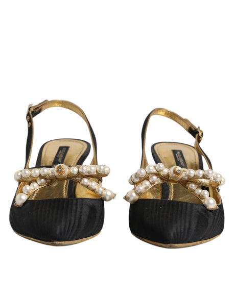 Dolce & Gabbana Black Leather Faux Pearls Slingbacks Shoes - Hilstor