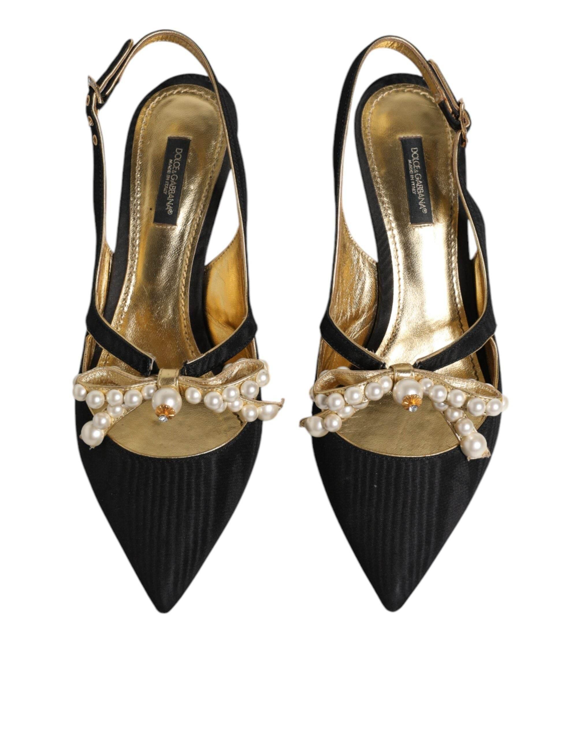 Dolce & Gabbana Black Leather Faux Pearls Slingbacks Shoes - Hilstor
