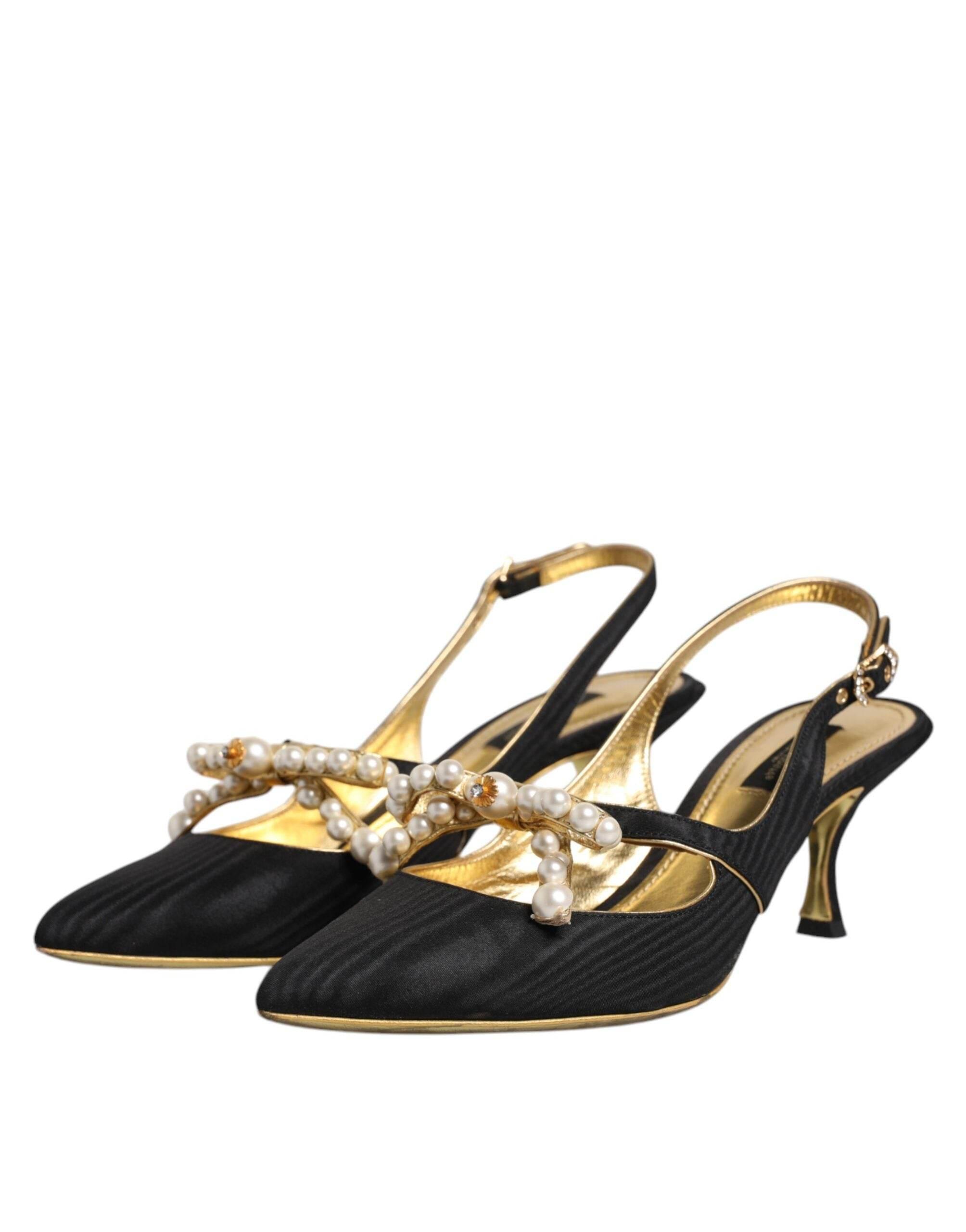 Dolce & Gabbana Black Leather Faux Pearls Slingbacks Shoes - Hilstor