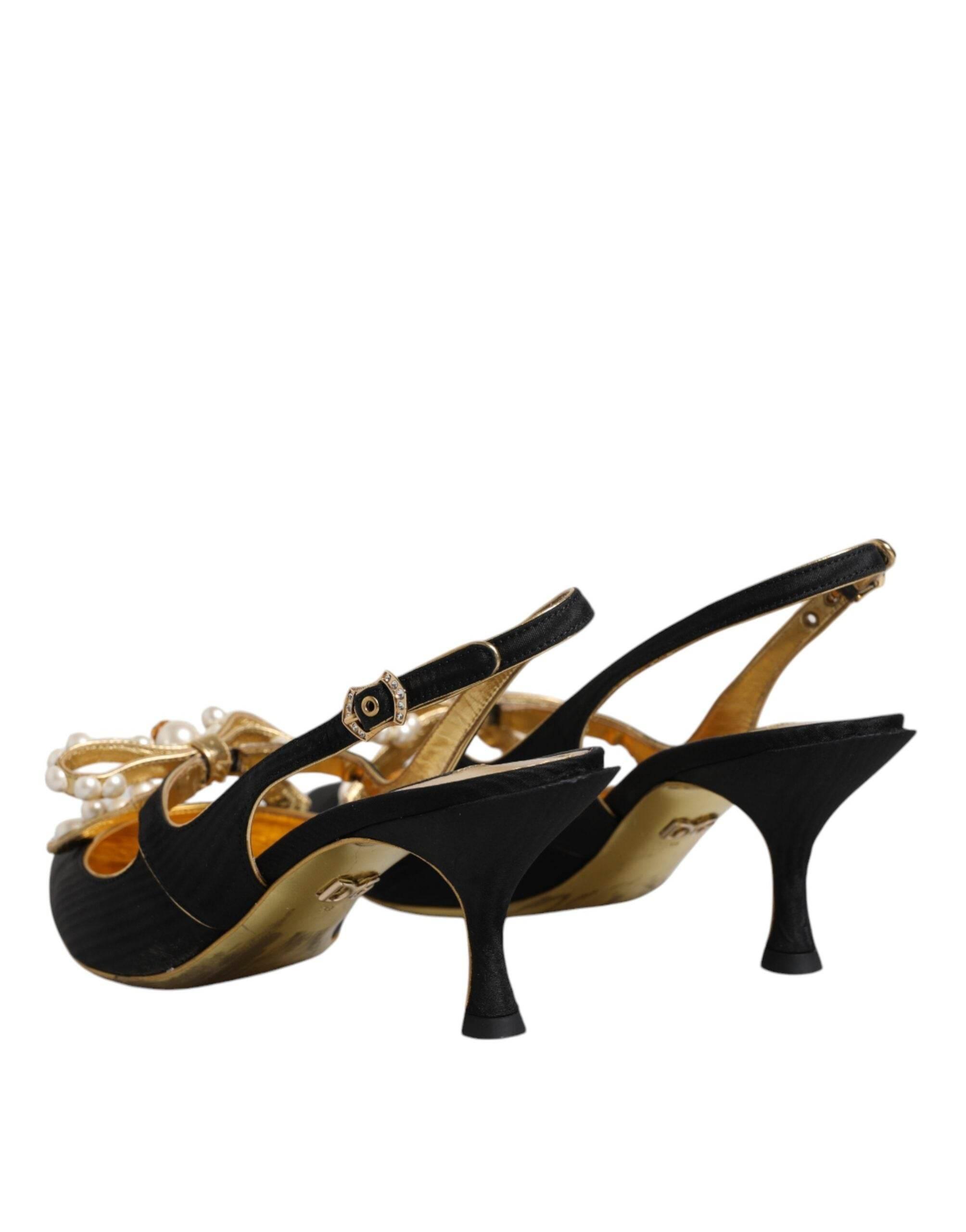 Dolce & Gabbana Black Leather Faux Pearls Slingbacks Shoes - Hilstor