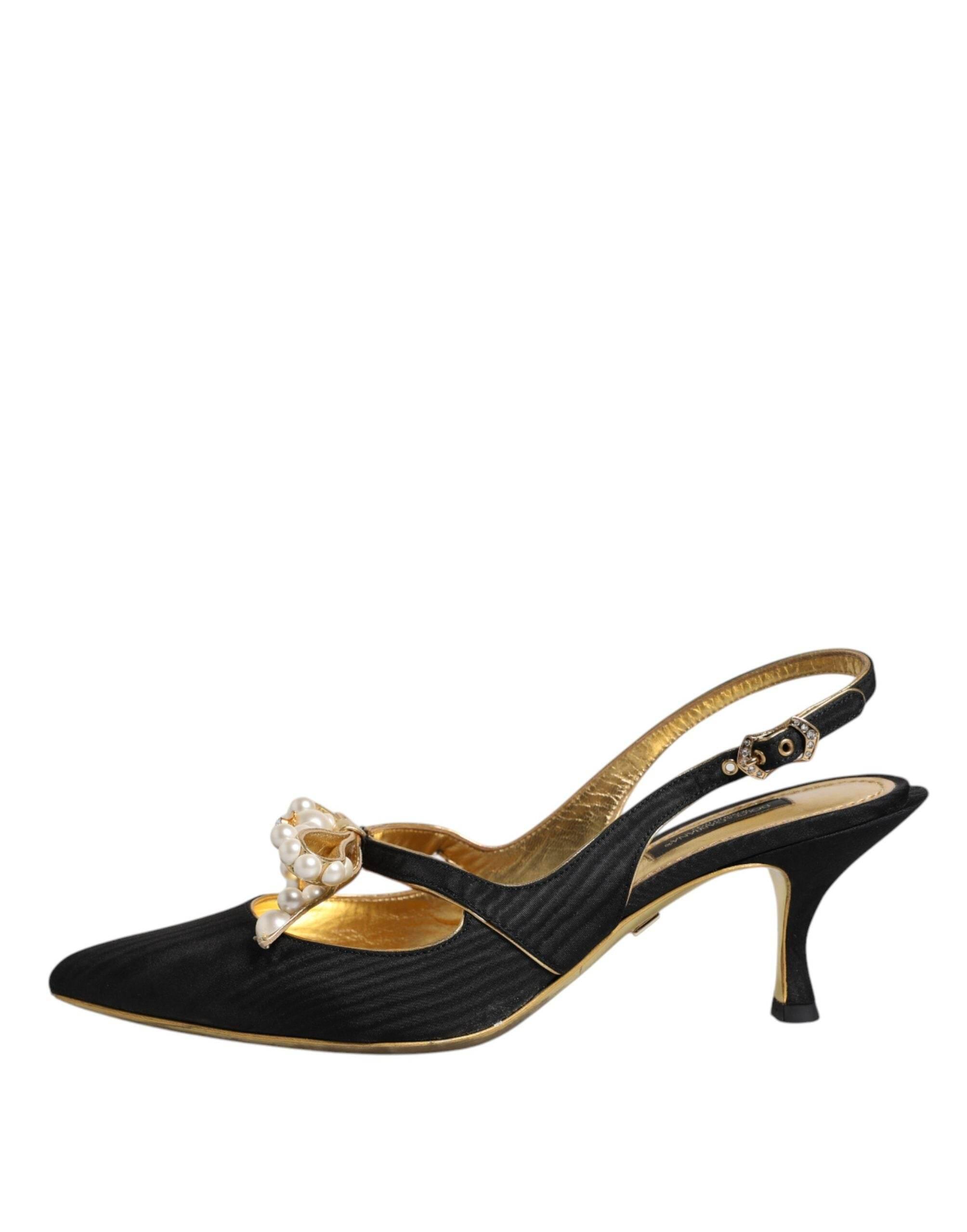 Dolce & Gabbana Black Leather Faux Pearls Slingbacks Shoes - Hilstor