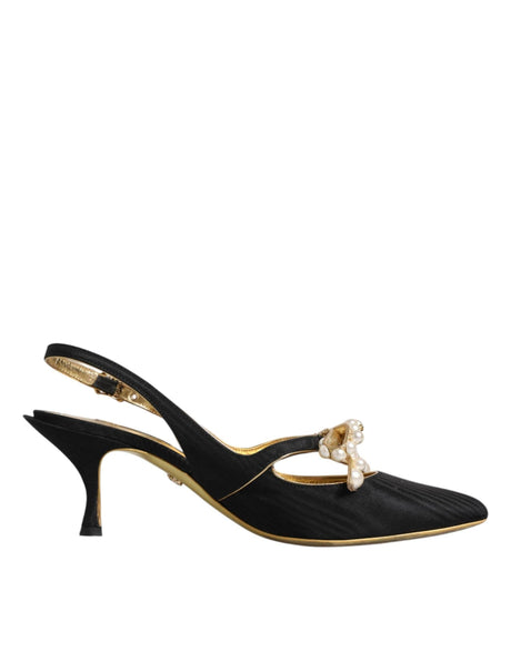 Dolce & Gabbana Black Leather Faux Pearls Slingbacks Shoes - Hilstor