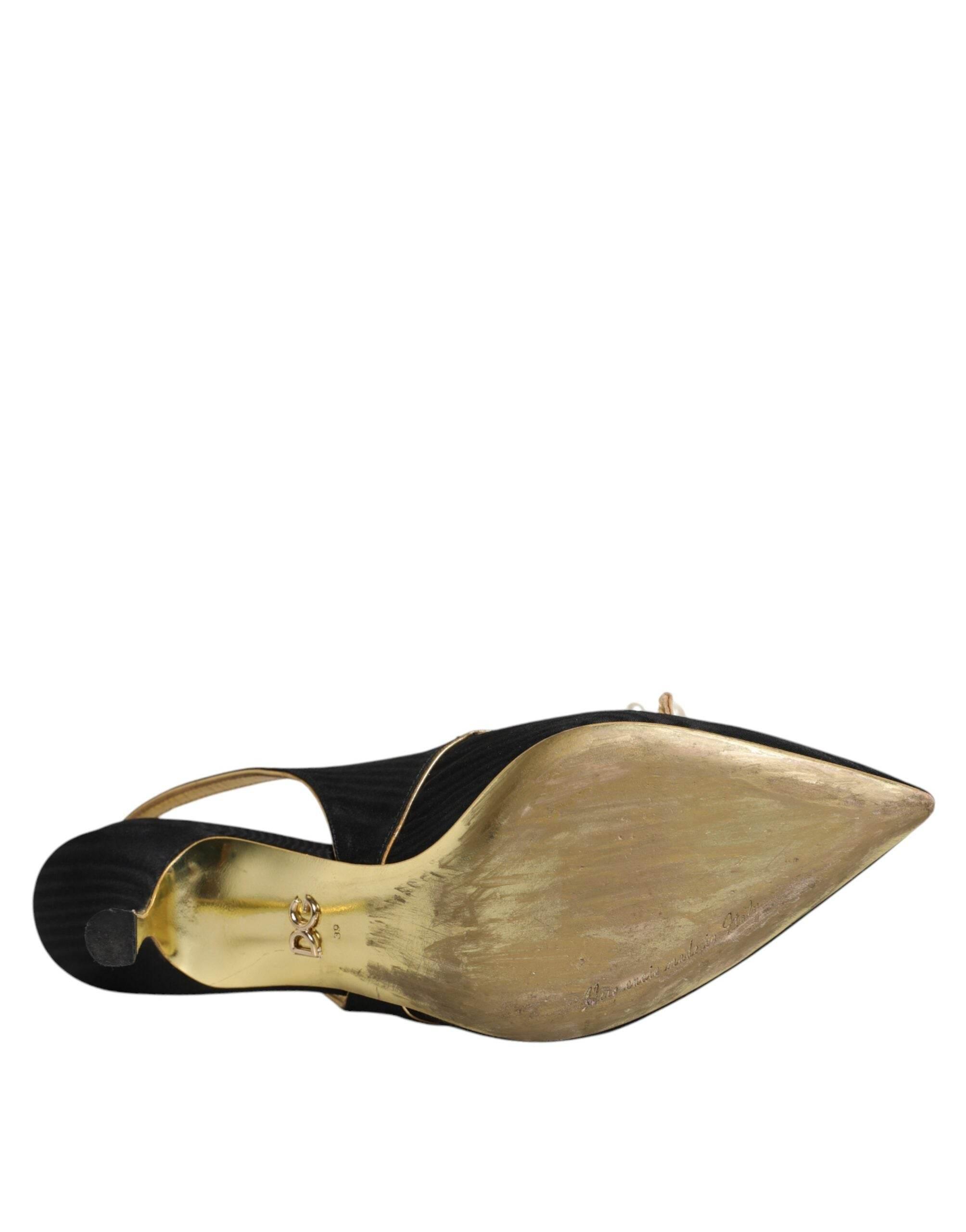 Dolce & Gabbana Black Leather Faux Pearls Slingbacks Shoes - Hilstor