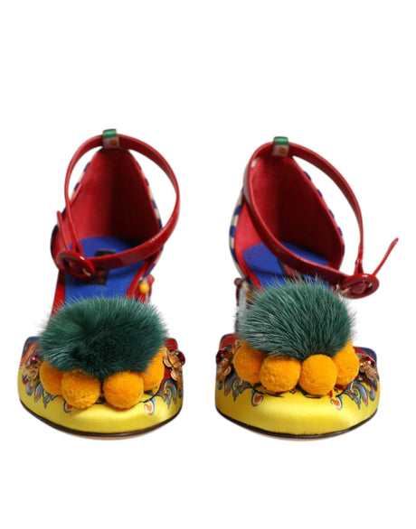 Dolce & Gabbana Multicolor Carretto Crystal Fur Sandals Shoes - Hilstor